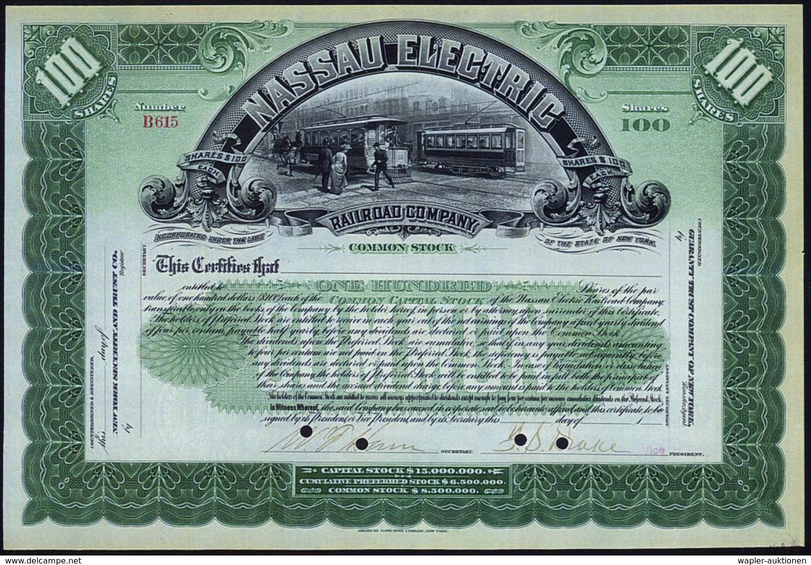 U.S.A. 1899 (ca.) Orig. Aktie: Nassau Electric Railroad Comp. New York "100 Shares" (4 Entwertungslöcher) Stahlstich Mit - Tranvie