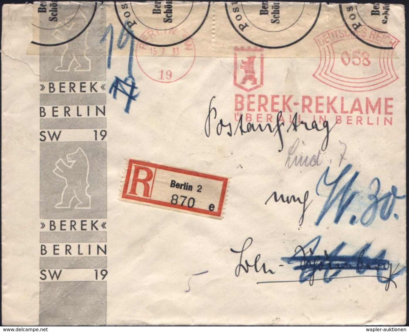 BERLIN SW/ 19/ BEREK-REKLAME/ ÜBERALL IN BERLIN 1933 (15.7.) AFS 058 Pf. = BVG-Tochterfirma Für S- Und U-Bahn-Reklame Ve - Trains