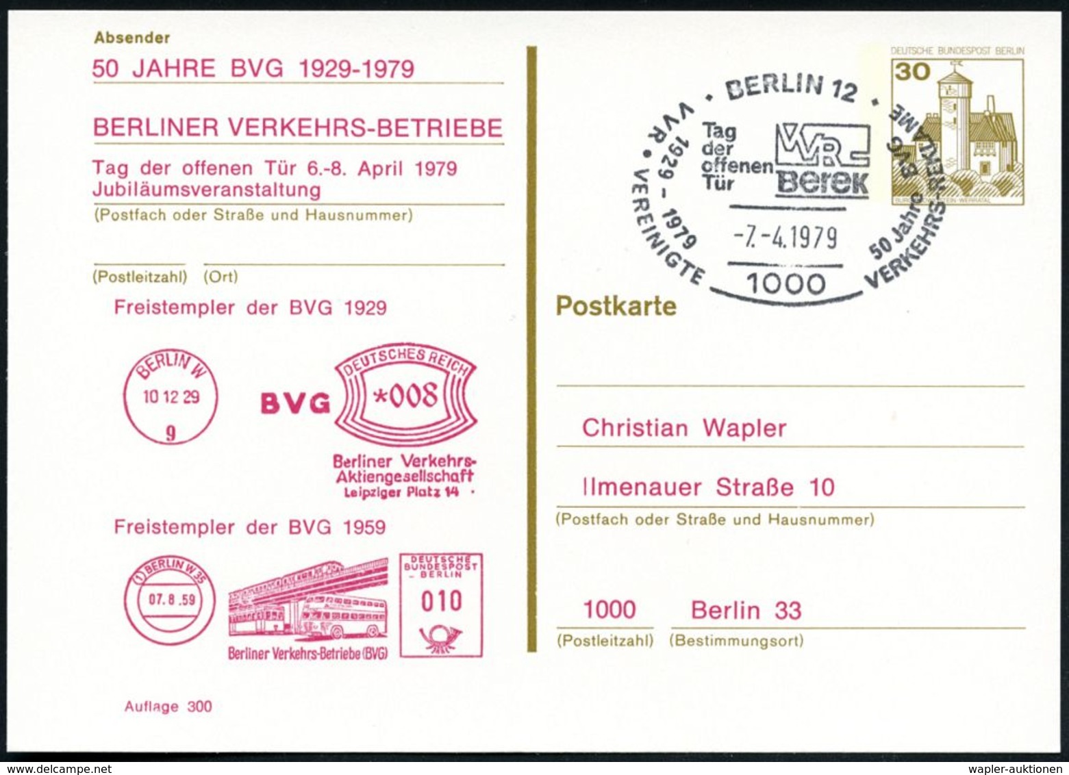 1000 BERLIN 12/ VVR-/ Berek/ 1929-1979/ VEREINIGTE VERKEHRS-REKLAME 1979 (7.4.) SSt = Gesellschaft Für U- U. S-Bahn-Werb - Trains