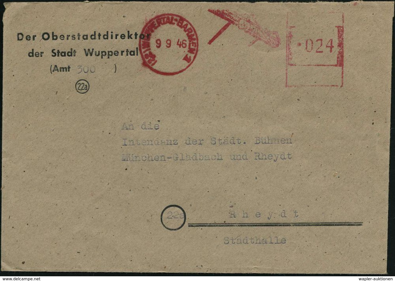 (22) WUPPERTAL-BARMEN 1 1946 (9.9.) Sehr Seltener, Aptierter AFS = Hakenkreuz  U N D  Absender-Text Entfernt = Schwebeba - Trains