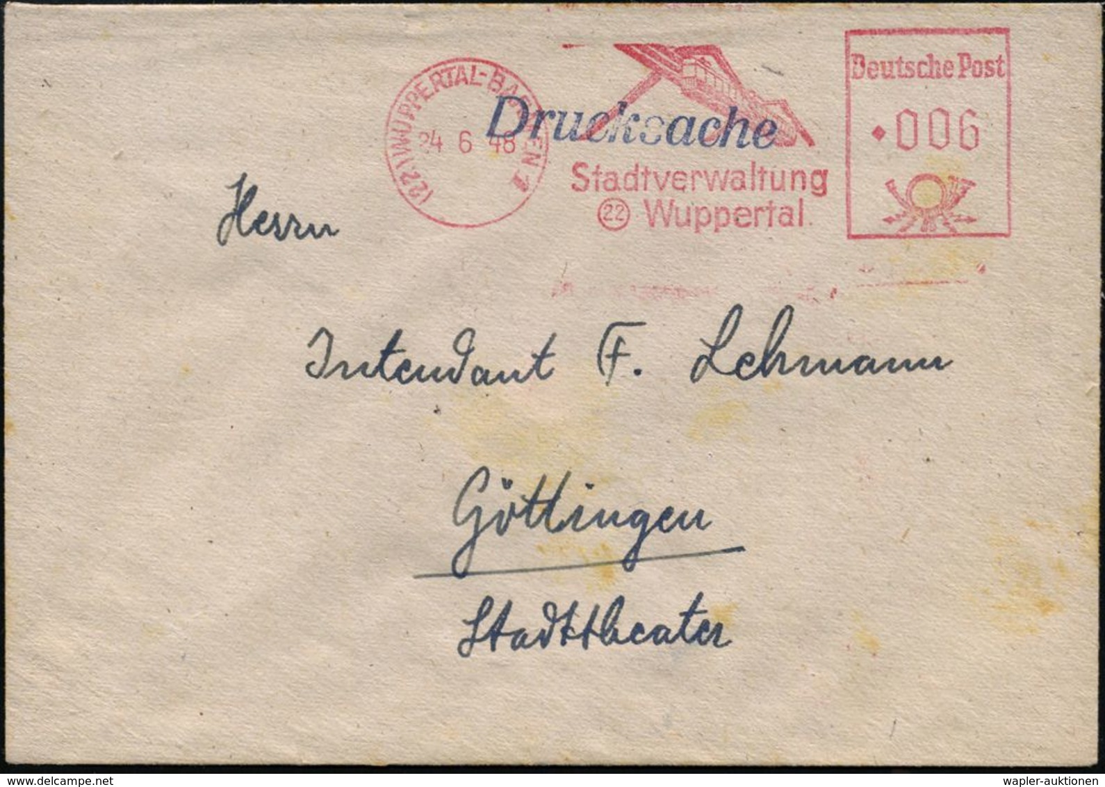 (22a) WUPPERTAL-BARMEN 1/ Stadtverwaltung 1948 (24.6.) AFS = Schwebebahn , (Bf. Schwach Fleckig, Rs. Fehlt Klappe) Klar  - Trains