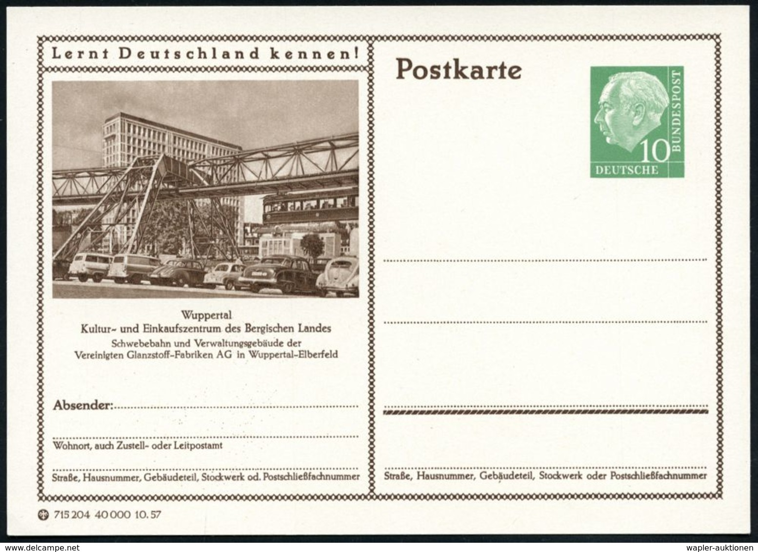 Wuppertal 1957 10 Pf. BiP Heuss I, Grün: Schwebebahn.. (u. Gebäude Vereinigte Glanzstoff AG) Ungebr. (Mi.P 24/298) - Zoo - Trains