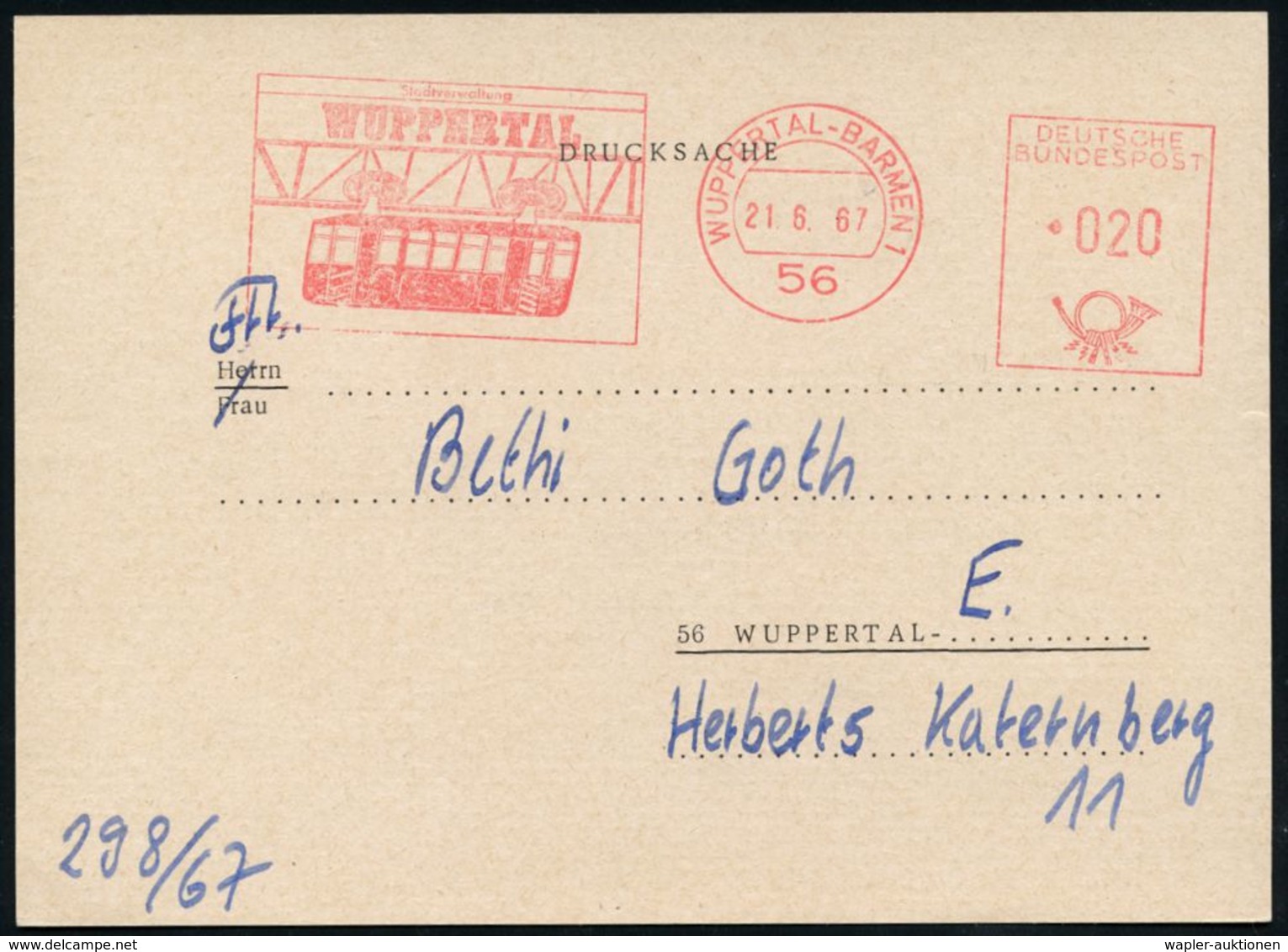 56 WUPPERTAL-BARMEN 1/ Stadtverwaltung.. 1967 (21.6.) AFS = Schwebebahn Auf Orts-Karte: Stadtbibliothek (Dü.E-26) - Zool - Trains