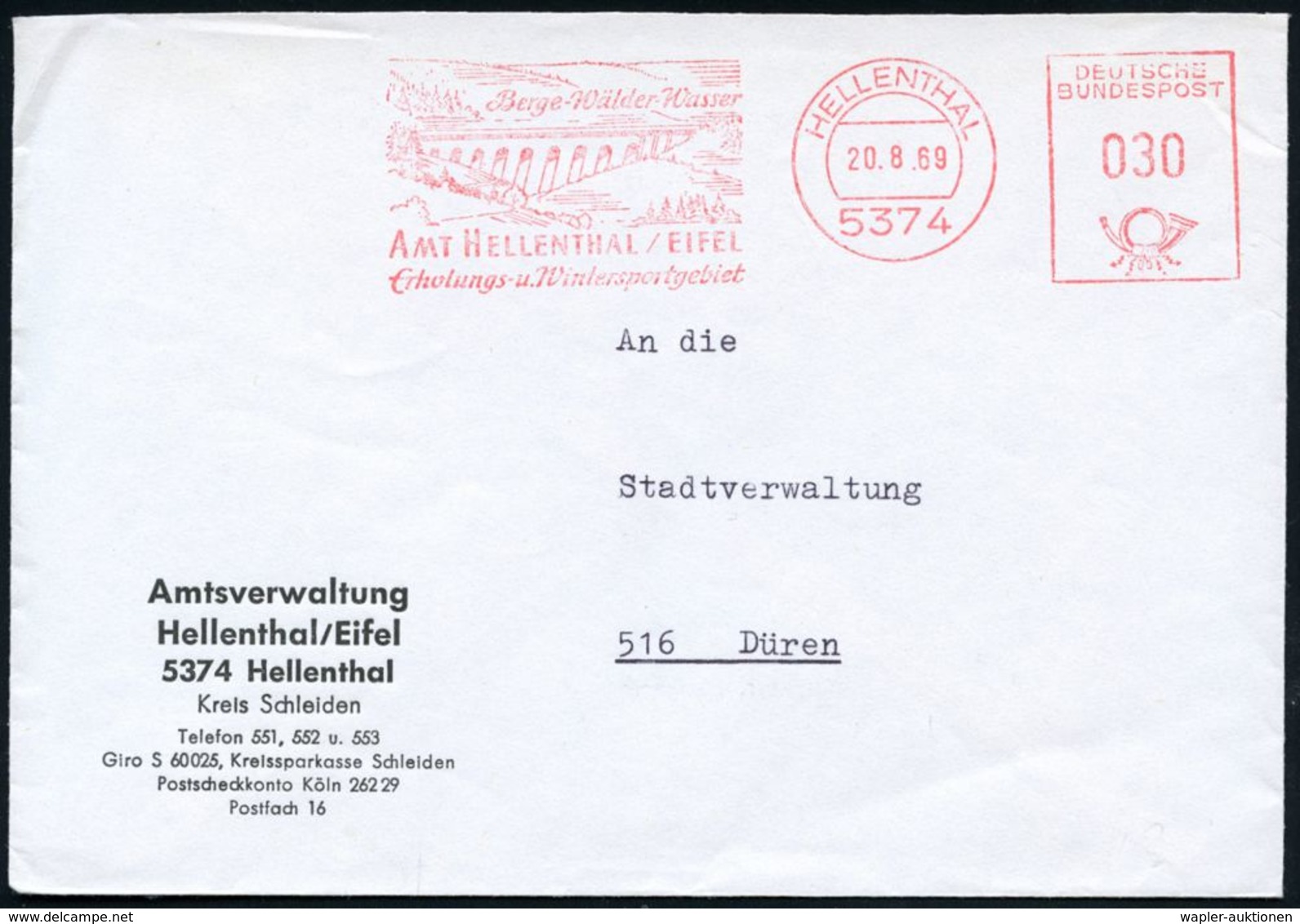 5374 HELLENTHAL/ ..Wasser/ AMT HELLENTHAL.. 1969 (20.8.) AFS = Olfe-Staudamm , Klar Gest. Kommunal-Bf. (Dü.E-26) - Zoolo - Eau