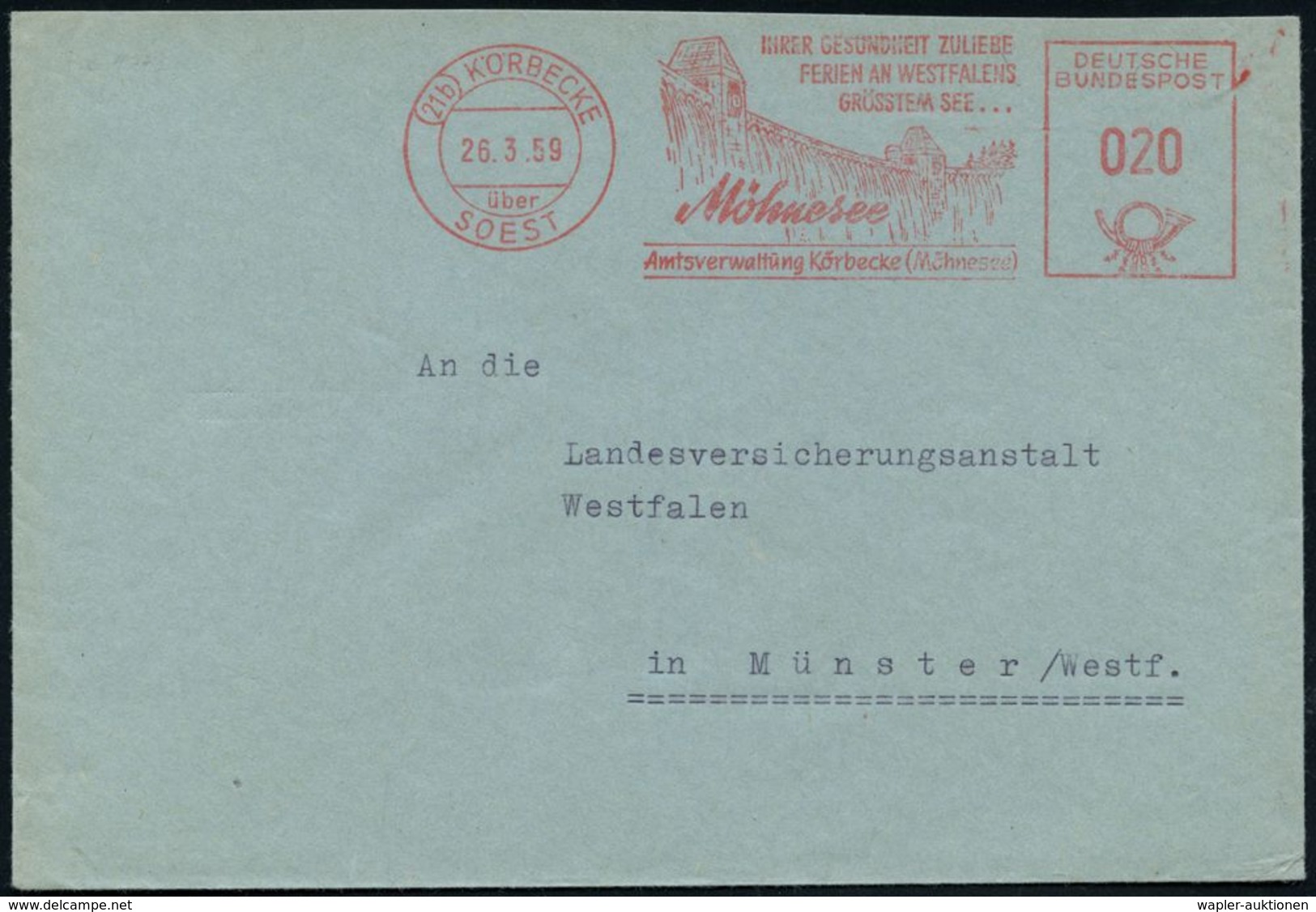 (21b) KÖRBECKE/ über/ SOEST/ ..Möhnesee/ Amtsverwaltung Körbecke 1959 (26.3.) AFS = PSt.I-Typ = Möhne-Talsperre , Klar G - Eau