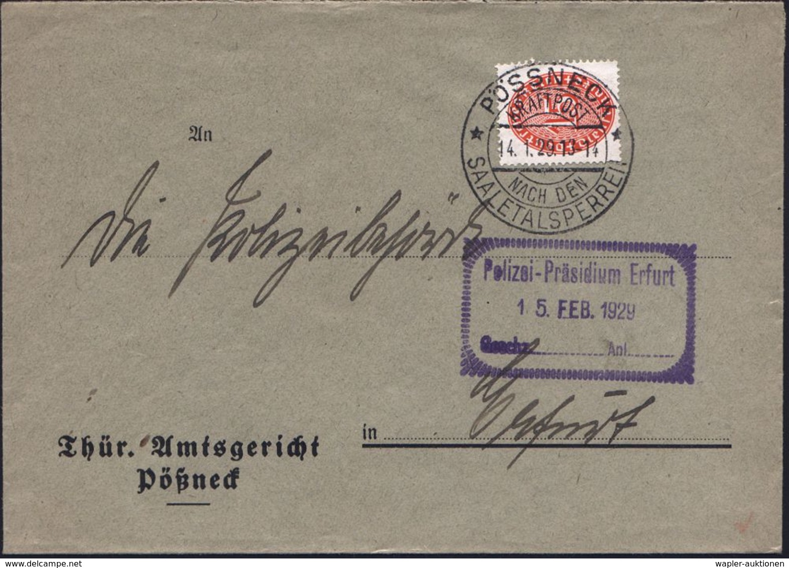 PÖSSNECK/ KRAFTPOST/ NACH DEN/ SAALETALSPERREN 1929 (14.1.) HWSt Auf EF 15 Pf. Dienst (Mi.D 118 EF) + Viol. Eingangs-Ra. - Eau