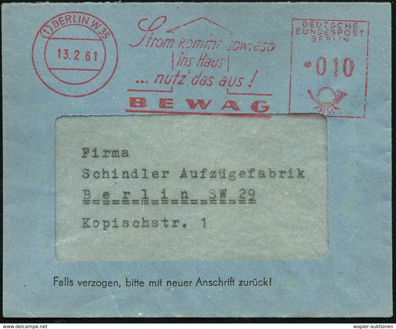 (1) BERLIN W 35/ Strom Kommt Sowieso/ Ins Haus/ ..nutz Das Aus!/ BEWAG 1961 (13.2.) AFS Auf Kleinformatigem Orts-Bf., =  - Autres & Non Classés