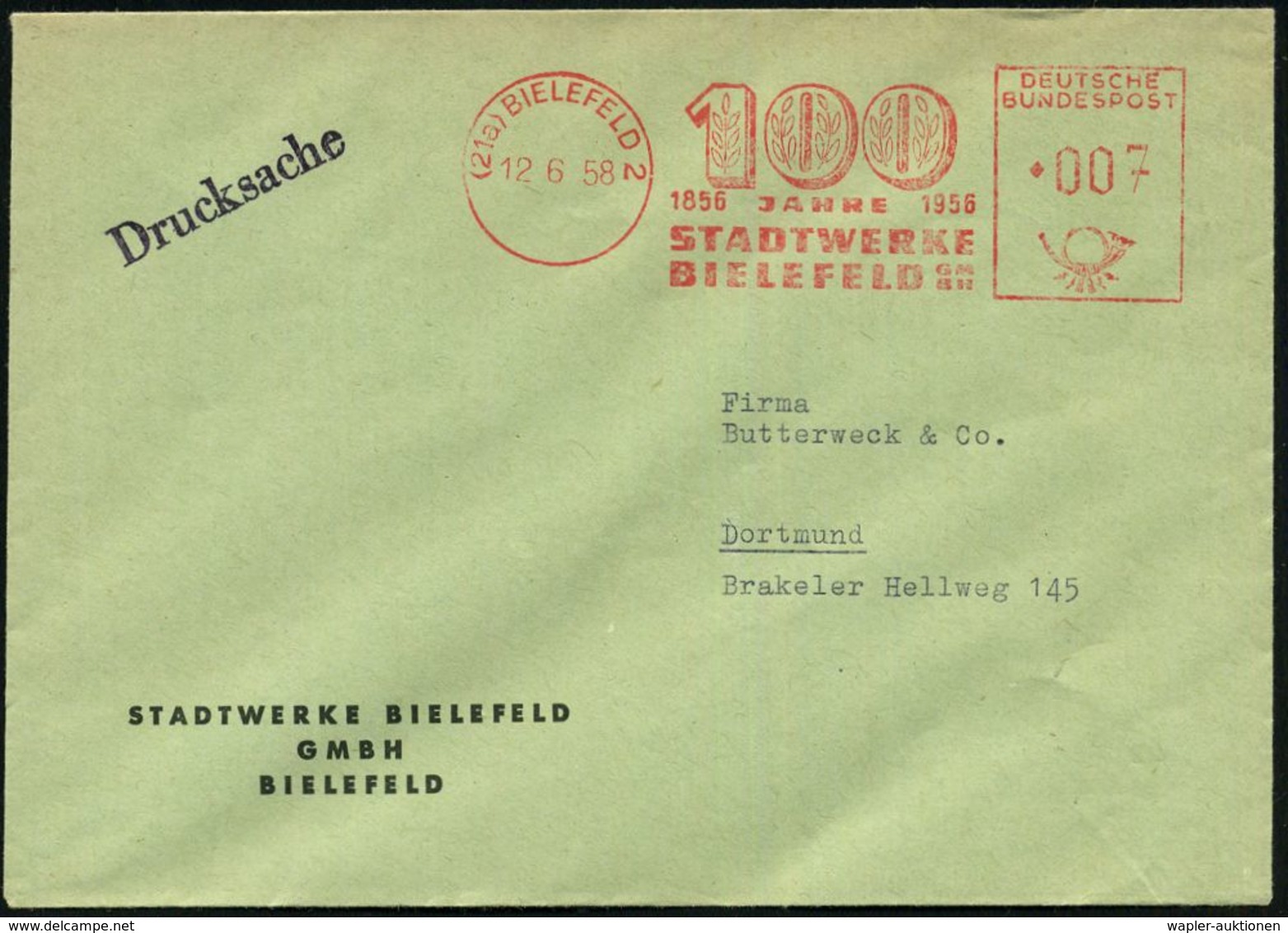 (21a) BIELEFELD 2/ 1856 100 JAHRE 1956/ STADTWERKE.. 1958 (12.6.) Jubil.-AFS ("100" Mit Lorbeer) Firmen-Bf. (Dü.E-23DG)  - Autres & Non Classés