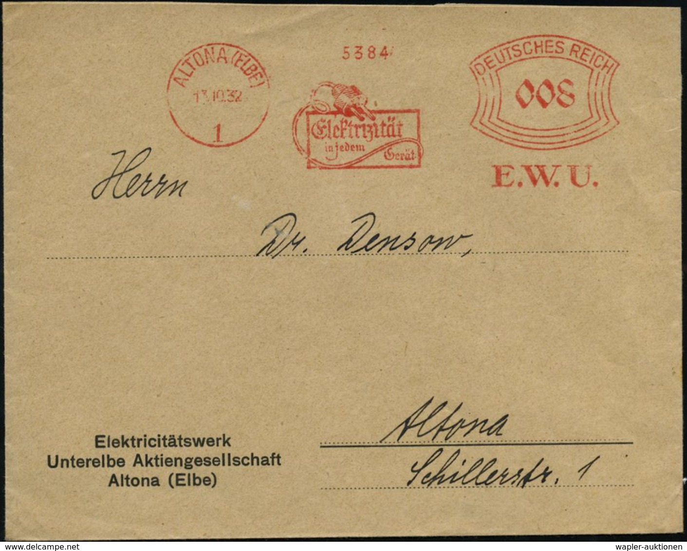 ALTONA (ELBE)/ 1/ Elektrizität/ In Jedem/ Gerät/ E.W.U. 1932 (13.10.) Dekorat. AFS = Elektrokabel Mit Stecker , Klar Ges - Electricité