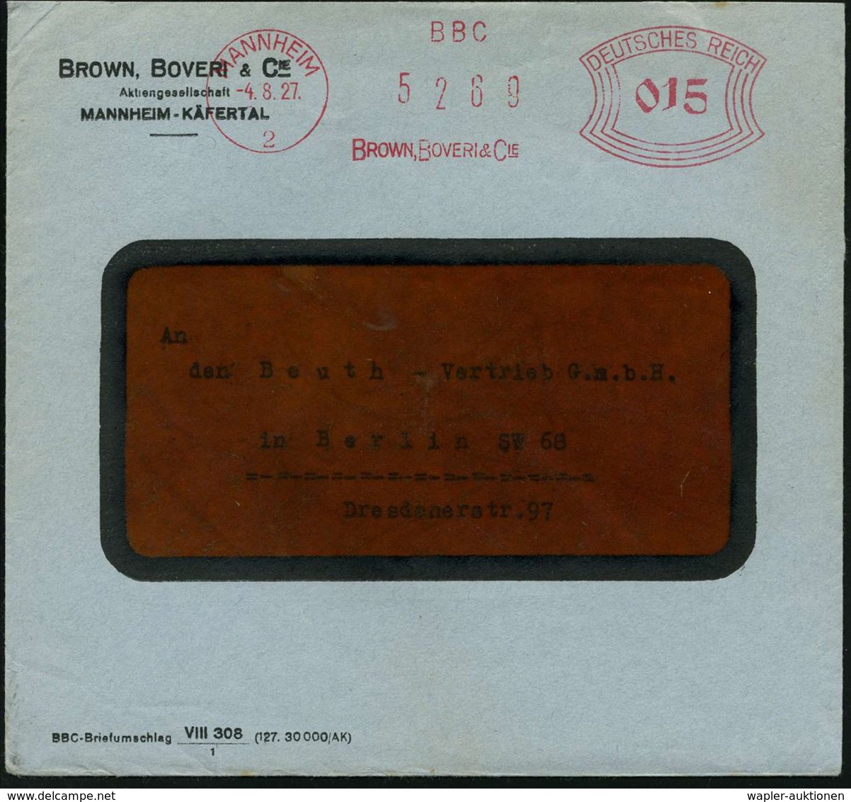 MANNHEIM/ 2/ BBC/ BROWN,BOVERI & CIE 1927 (4.8.) Seltener AFS-Typ (große Zählnr. Im Werbeklischee!) Firmen-Bf.: BROWN ,B - Electricité