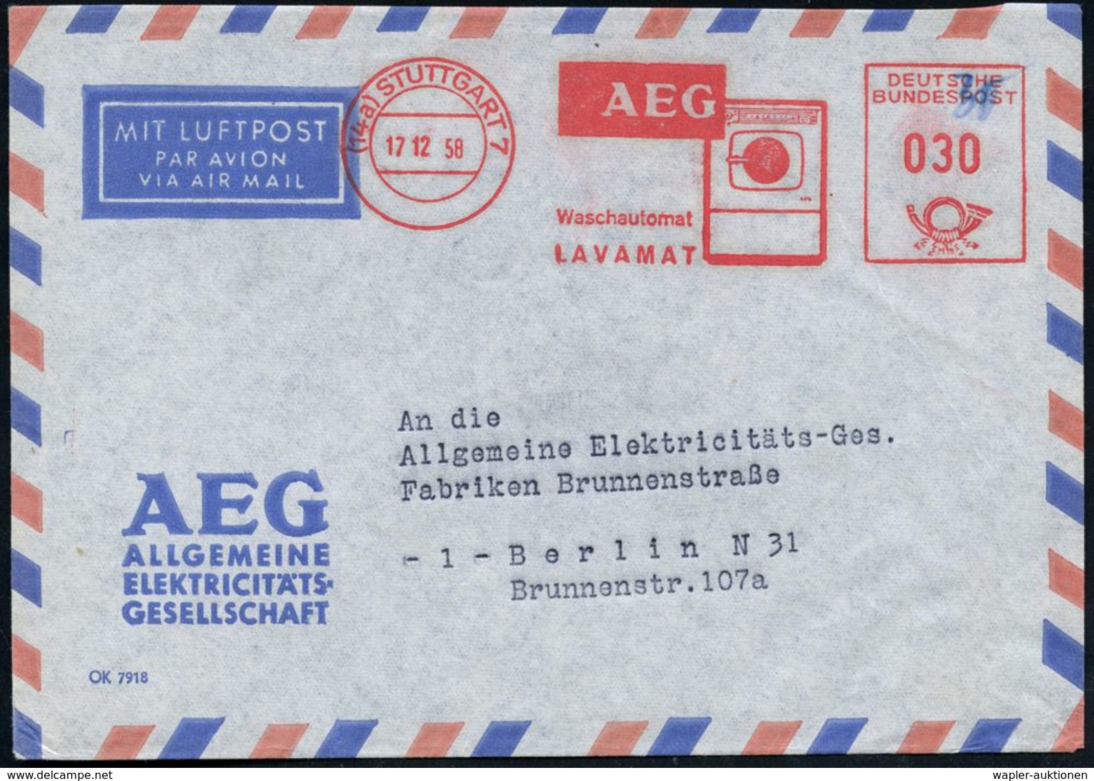 (14a) STUTTGART 7/ AEG/ Waschautomat/ LAVAMAT 1958 (17.12.) AFS 030 Pf. = Waschmaschine Auf Flp.-Firmen-Bf. N. West-Berl - Electricidad