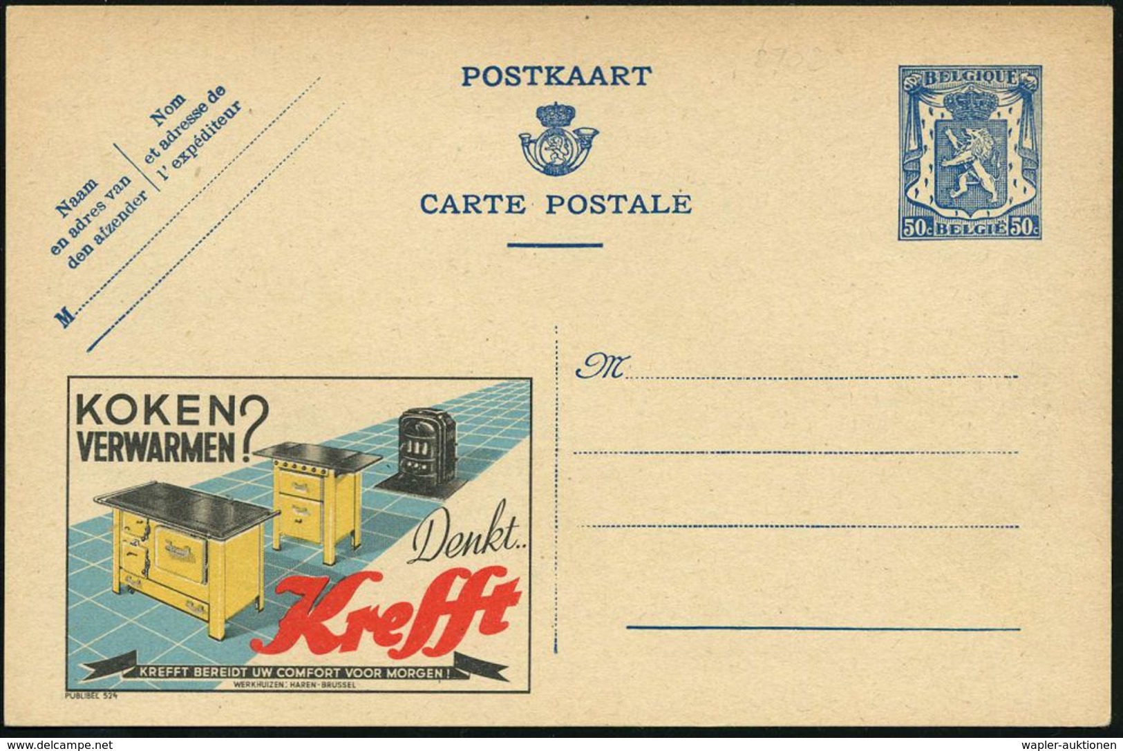 BELGIEN 1941 50 C. Reklame-P, Wappen-Löwe, Blau: CUISINE/CHAUFFAGE ?/..Krefft (Kohle- U. Elektro-Herd, Kohle-Ofen) Ungeb - Electricité