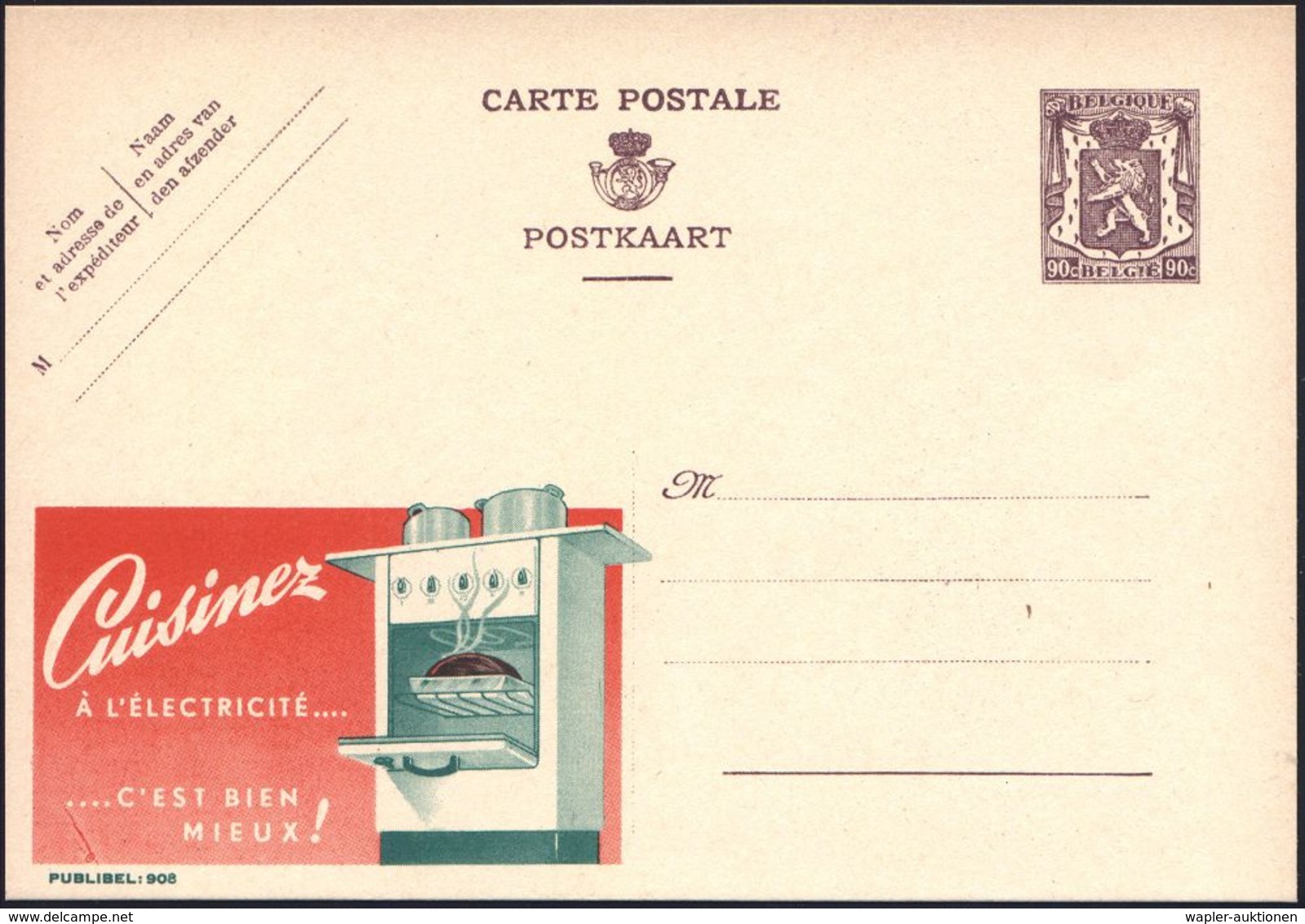 BELGIEN 1948 Reklame-P 90 C. Löwe, Br.lila: Cuisinez A ELECTRICITE.. = Elektroherd (mit Braten) Ungebr. (Mi.P 250 I / 90 - Electricidad