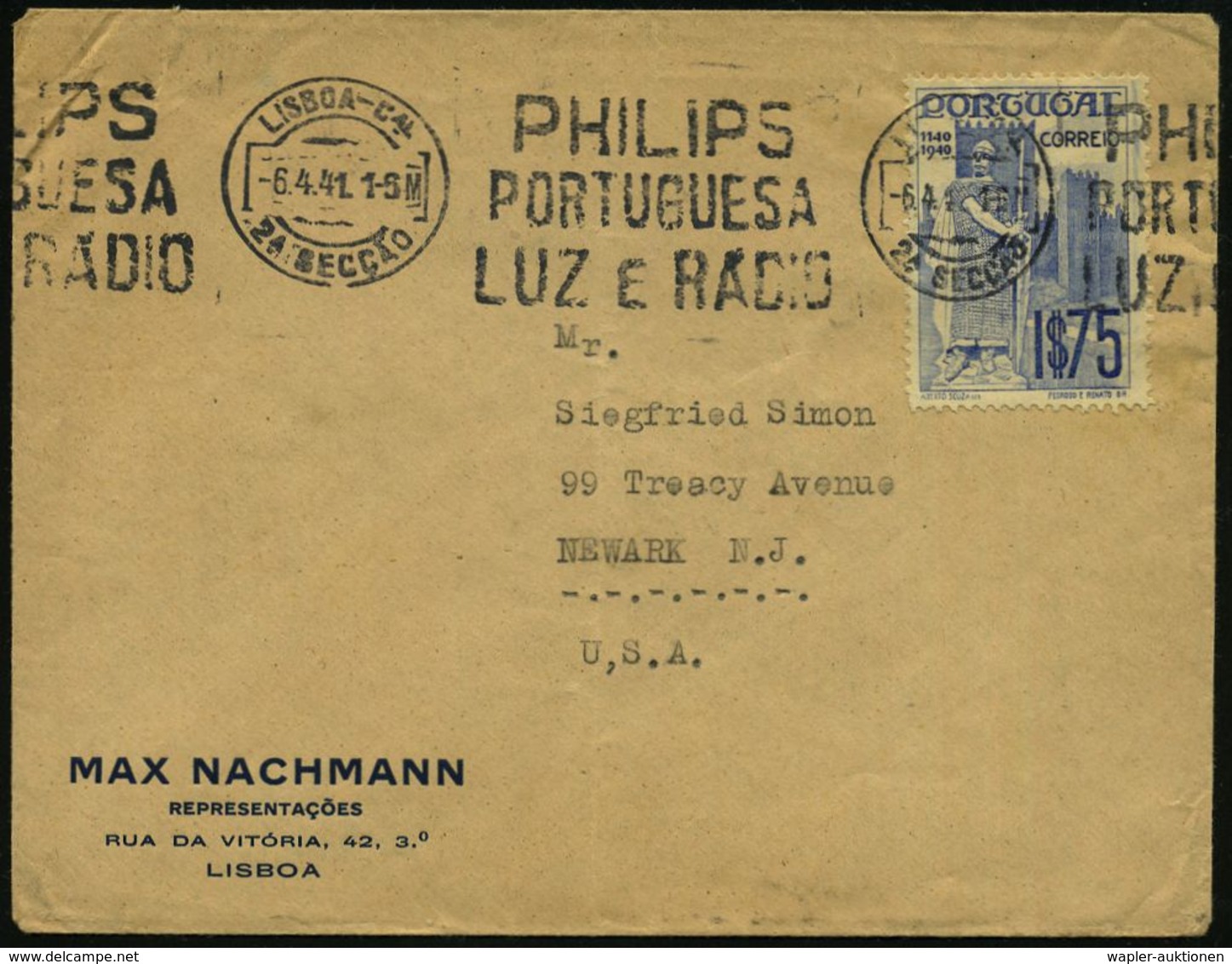 PORTUGAL 1941 (6.4.) BdMWSt: LISBOA-C4/PHILIPS/PORTUGUESA/LUZ E RADIO Klar Auf Firmen-Bf.: MAX NACHMANN REPRESENTACOES O - Electricité