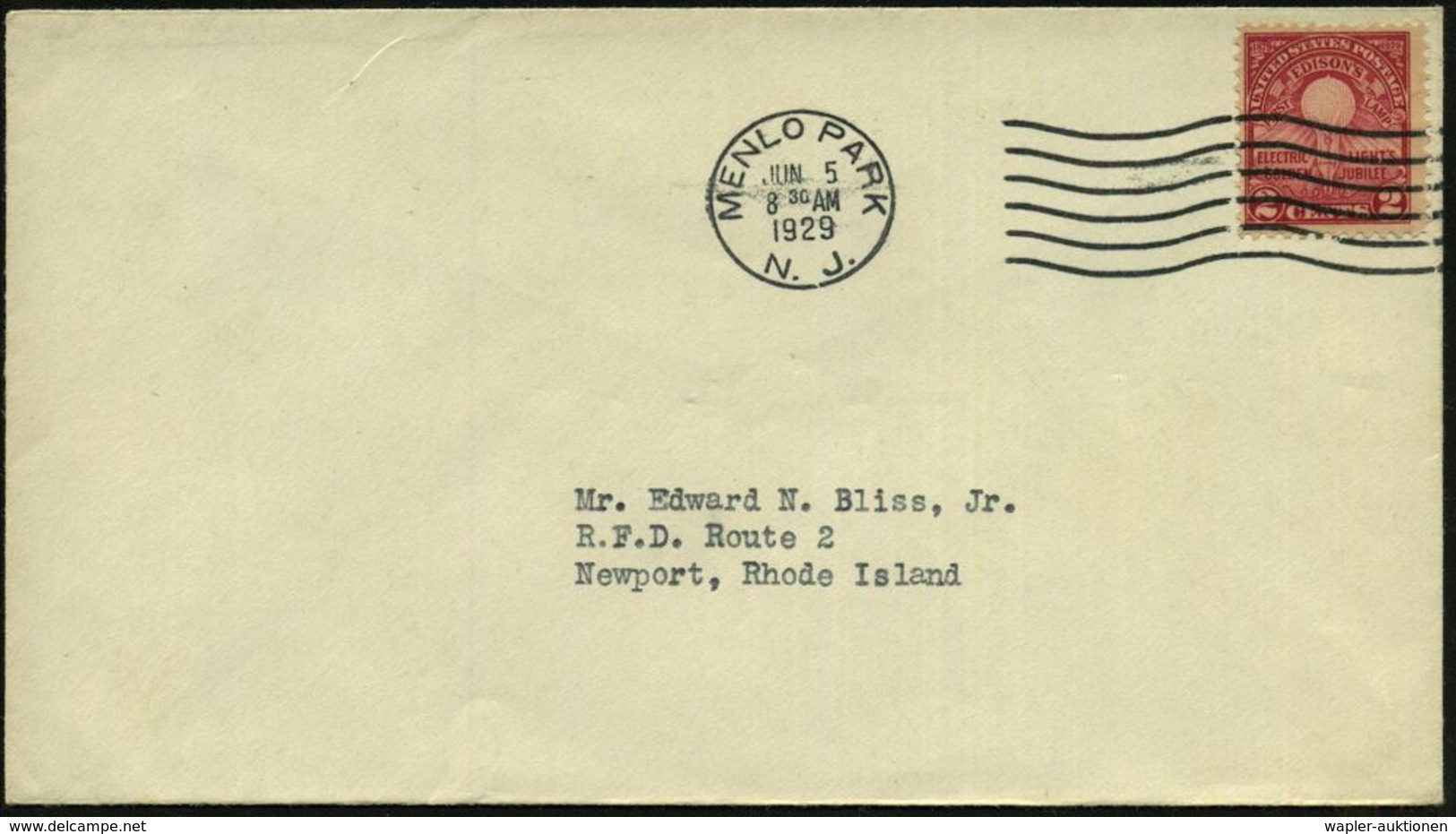 U.S.A. 1929 (5.6.) 2 C. "50 Jahre Erfindung Der Elektr. Glühbirne Von Th. A. Edison", EF (1.Glühbirne) Bedarfs-Inl.-FDC  - Electricité