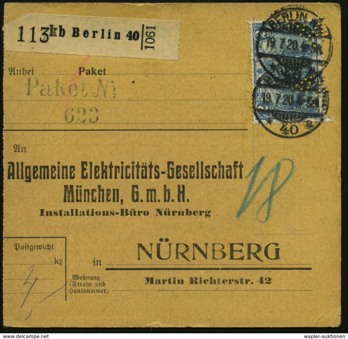 BERLIN NW/ *40a 1920 (19.7.) 1K-Gitter Auf EF 2 Mk."Viktoria" Mit 2-facher Firmenlochung: A. E. G. + Paketzettel: Kb Ber - Electricité