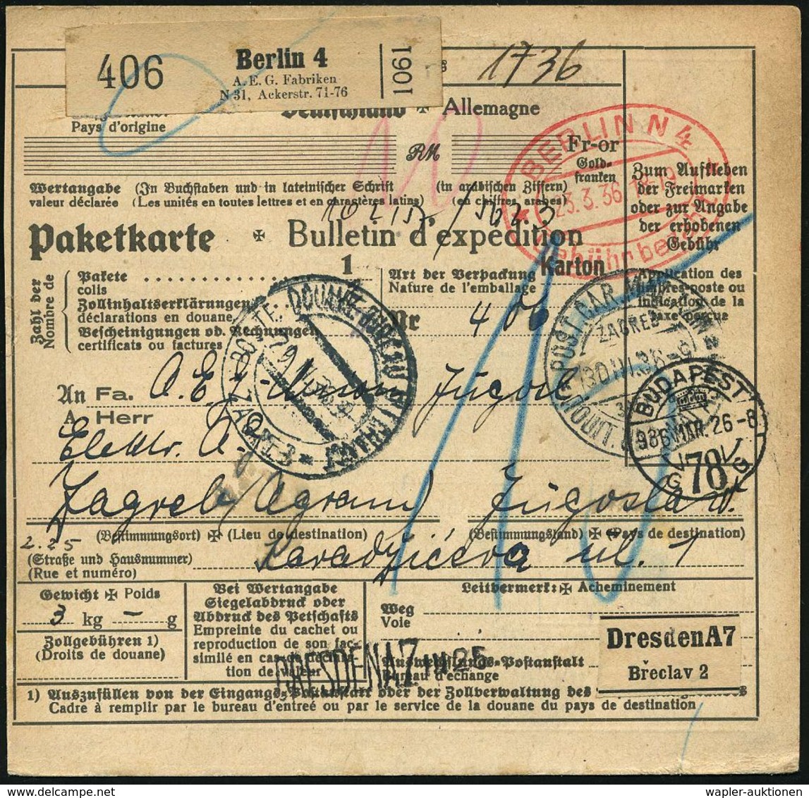 Berlin 4/ A.E.G. Fabriken/ N 31, Ackerstr.71-76 1936 (23.3.) Seltener Selbstbucher-Paketzettel + Doppel-Oval-PFS: BERLIN - Electricité