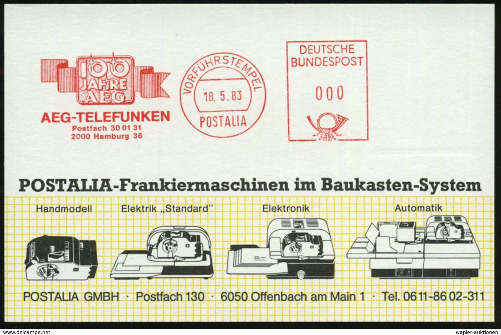 2000 Hamburg 36 1983 (18.5.) AFS: VORFÜHRSTEMPEL/POSTALIA/100 JAHRE/AEG-TELEFUNKEN , Seltene Postalia-Musterkarte!  (= S - Electricité