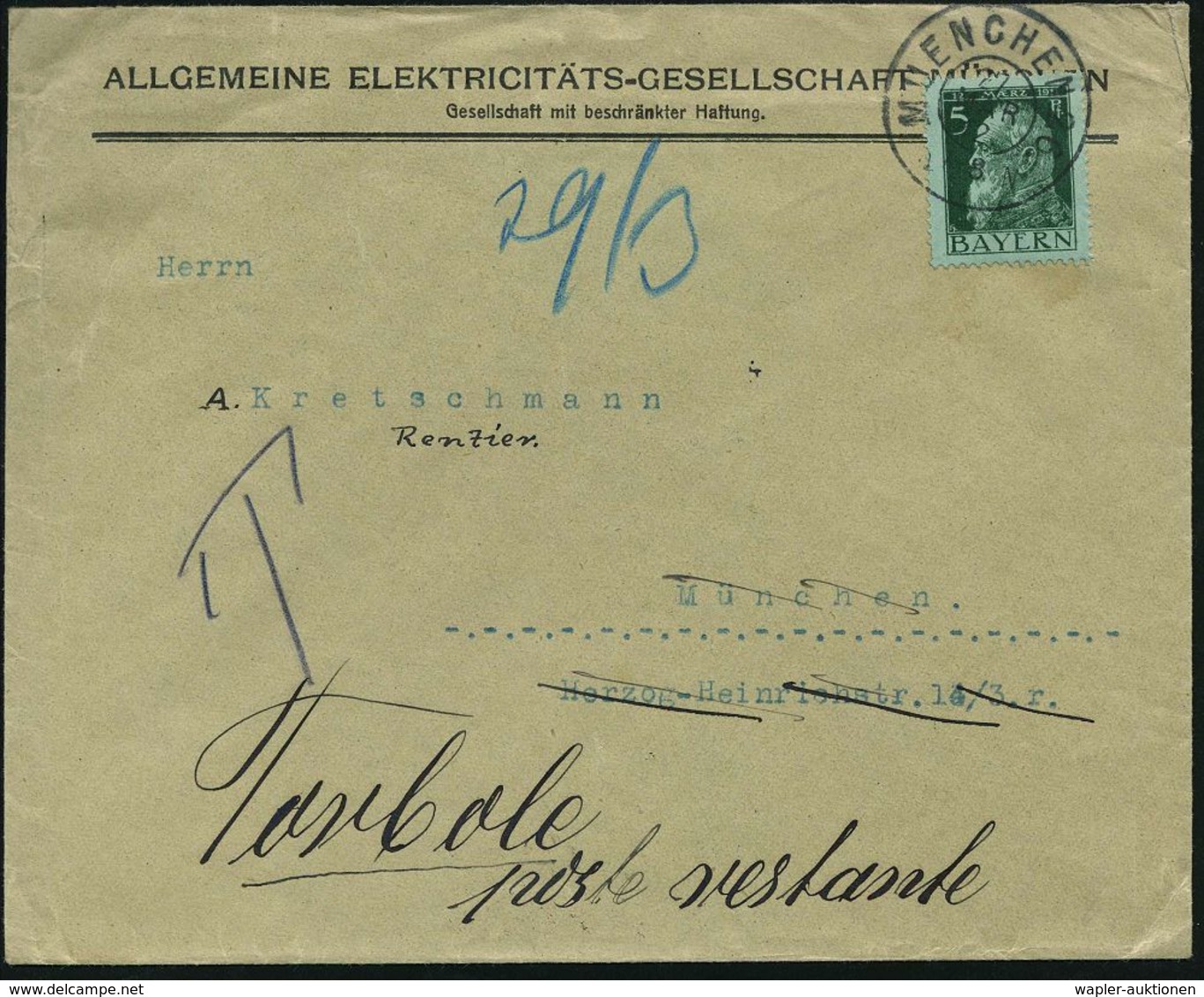 MUENCHEN 26 1912 (27.3.) 2K Auf Firmen-Bf.: ALLGEM. ELEKTRICITÄTS-GES. MÜNCHEN , EF 5 Pf. Luitpold, Nachgesandter Ausl.- - Electricité