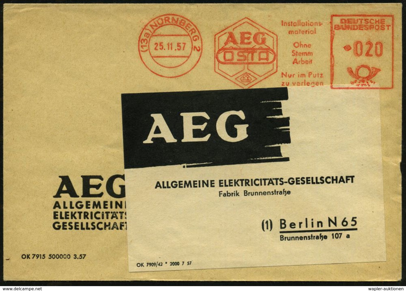 (13a) NÜRNBERG 2/ AEG/ OSTA/ Installations-/ Material.. 1957 (25.11.) AFS (Logo) + Adreßzettel: AEG Berlin N 65 übergehe - Electricité