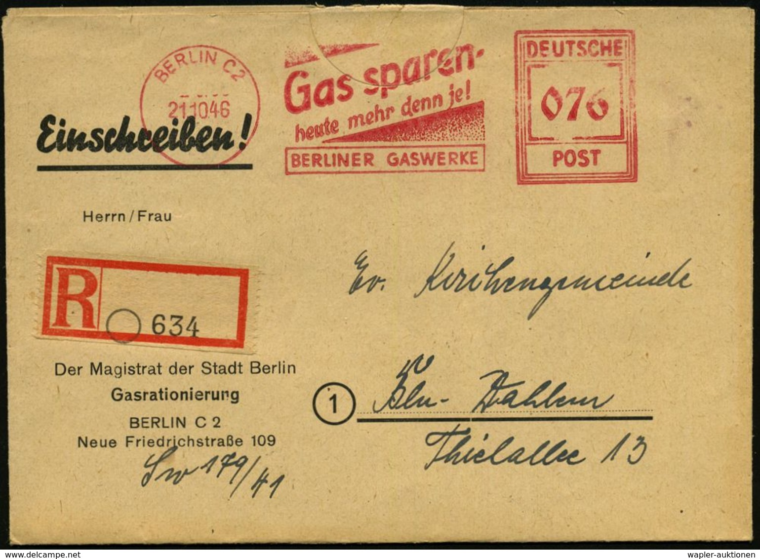 BERLIN C2/ Gas Sparen-/ Heute Mehr Denn Je!/ BERLINER GASWERKE 1946 (21.10.) AFS "Hochrechteck" 076 Pf. + Stummer RZ (mi - Gaz