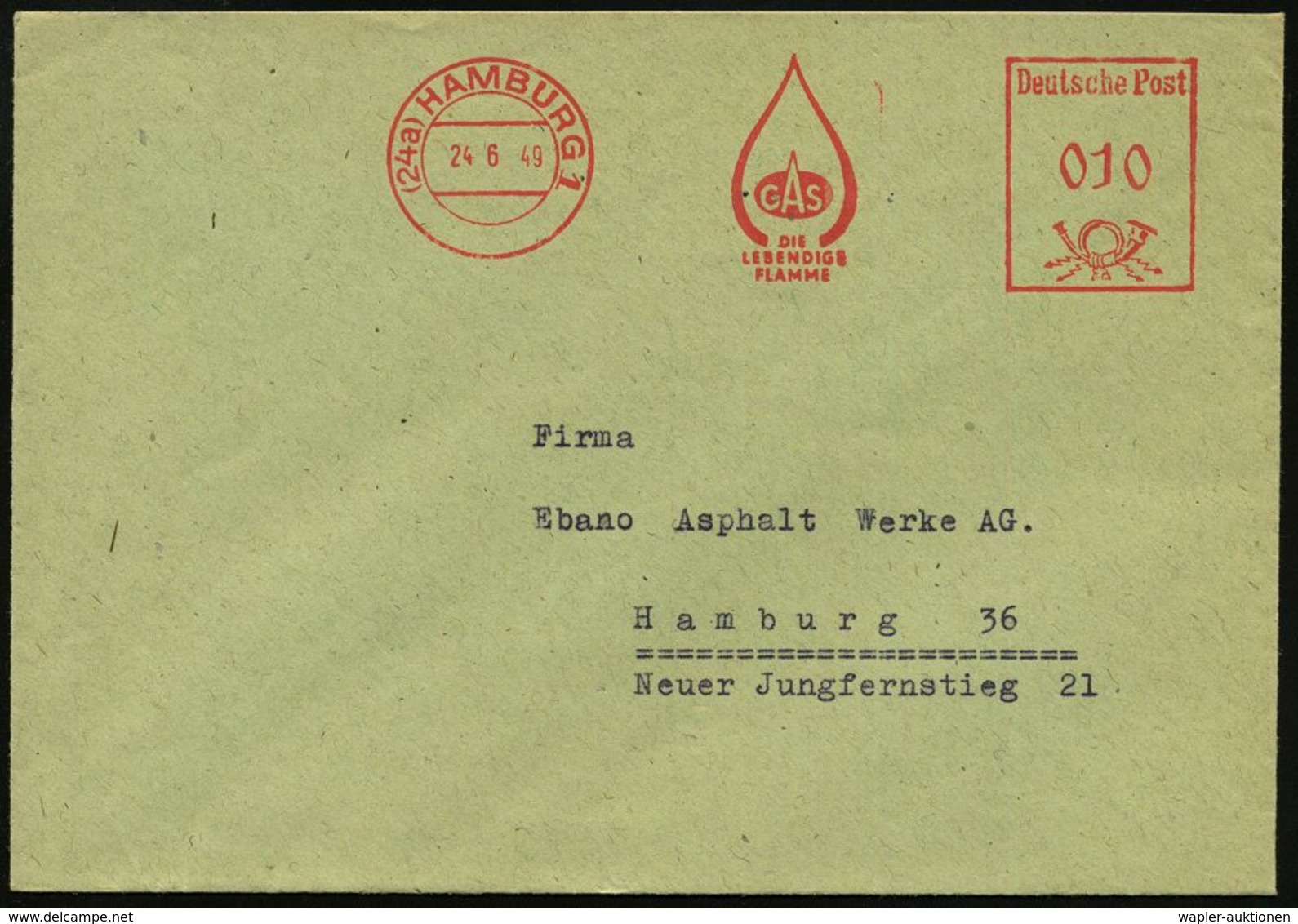 (24a) HAMBURG 1/ GAS/ DIE/ LEBENDIGE/ FLAMME 1949 (24.6.) Dekorat. AFS (Gasflamme) Rs. Abs.-Vordr., Ortsbf. (Dü.E-20CE)  - Gaz