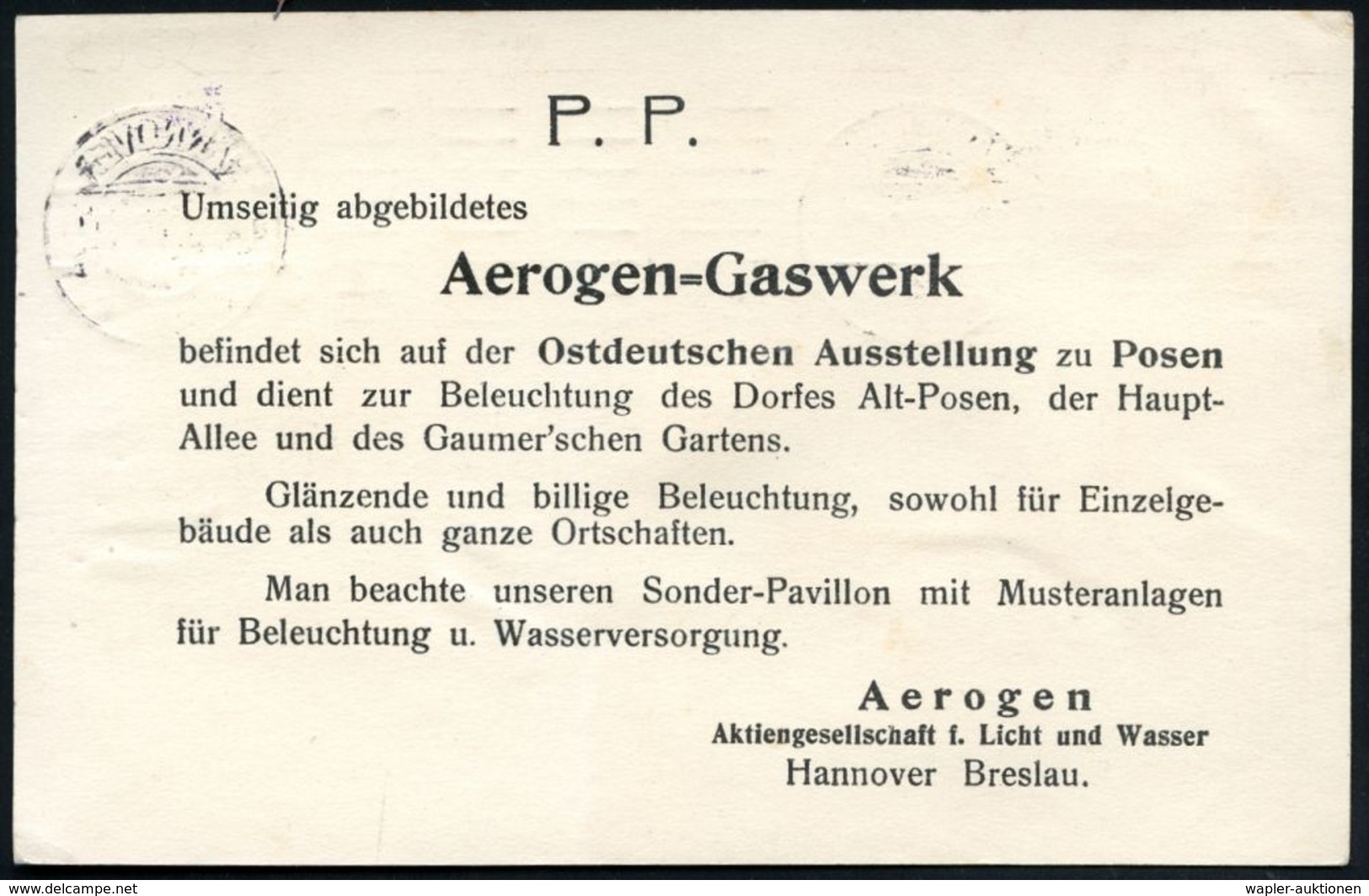 HANNOVER/ S1u 1911 (25.8.) BdMaSt Auf Color-Reklame-Kt.: AEROGENGAS/AEROGEN/AG/FÜR LICHT U.WASSER.. Aerogen-Gaswerk Auf  - Gaz