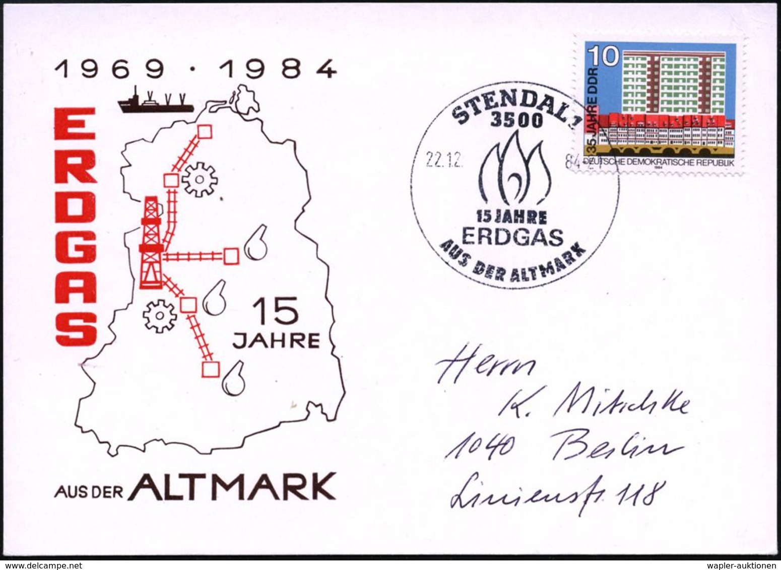 3500 STENDAL 1/ 15 JAHRE/ ERDGAS/ AUS DER ALTMARK 1984 (22.12.) SSt (Gasflammen) Auf Jubil.-Sonder-Kt.  - Garten & Park  - Gaz