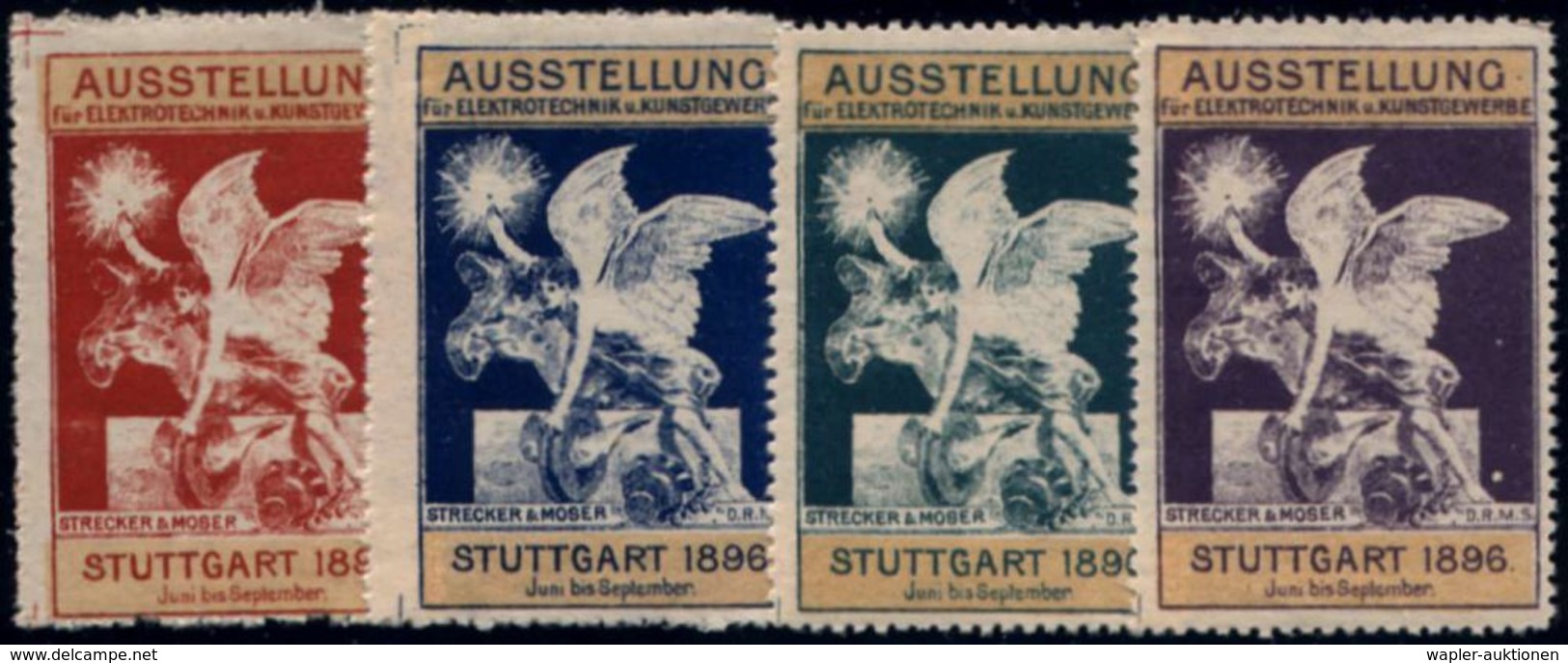 Stuttgart 1896 Offiz. Vignetten-Satz.:  AUSSTELLUNG Für ELEKTROTECHNIK U.KUNSTGEWERBE (Engel M. Elektr. Licht, Flügelrad - Autres & Non Classés