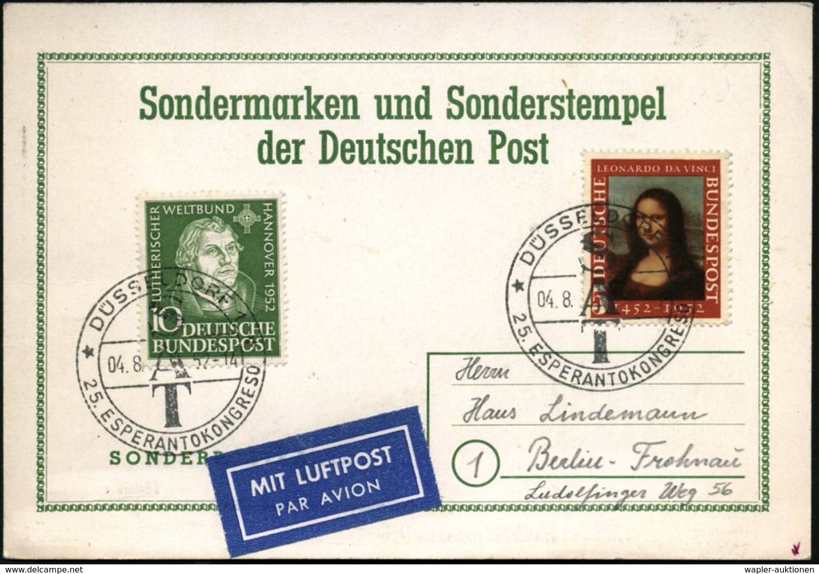 DÜSSELDORF 1/ SAT/ 25.ESPERANTOKONGRESO 1952 (4.8.) SSt 2x Auf 15. Pf.-Frankatur (Mi.148/9, + 12.-) Klar Gest., Portoric - Esperanto