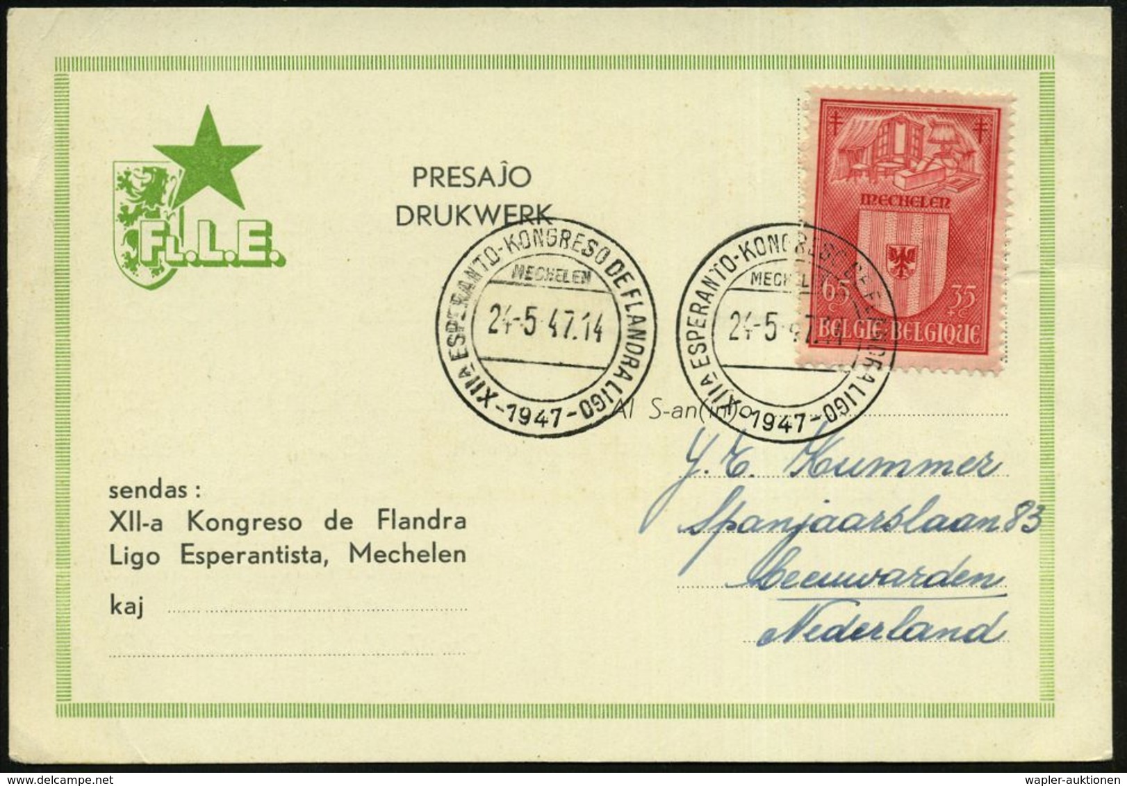 BELGIEN 1947 (24.5.) SSt: MECHELEN/XIIA ESPERANTO-KONGRESO DE FLANDRALIGO , 2x Klar Gest. Ausl.-Sonder-Kt.: FL. L. E.!   - Esperanto