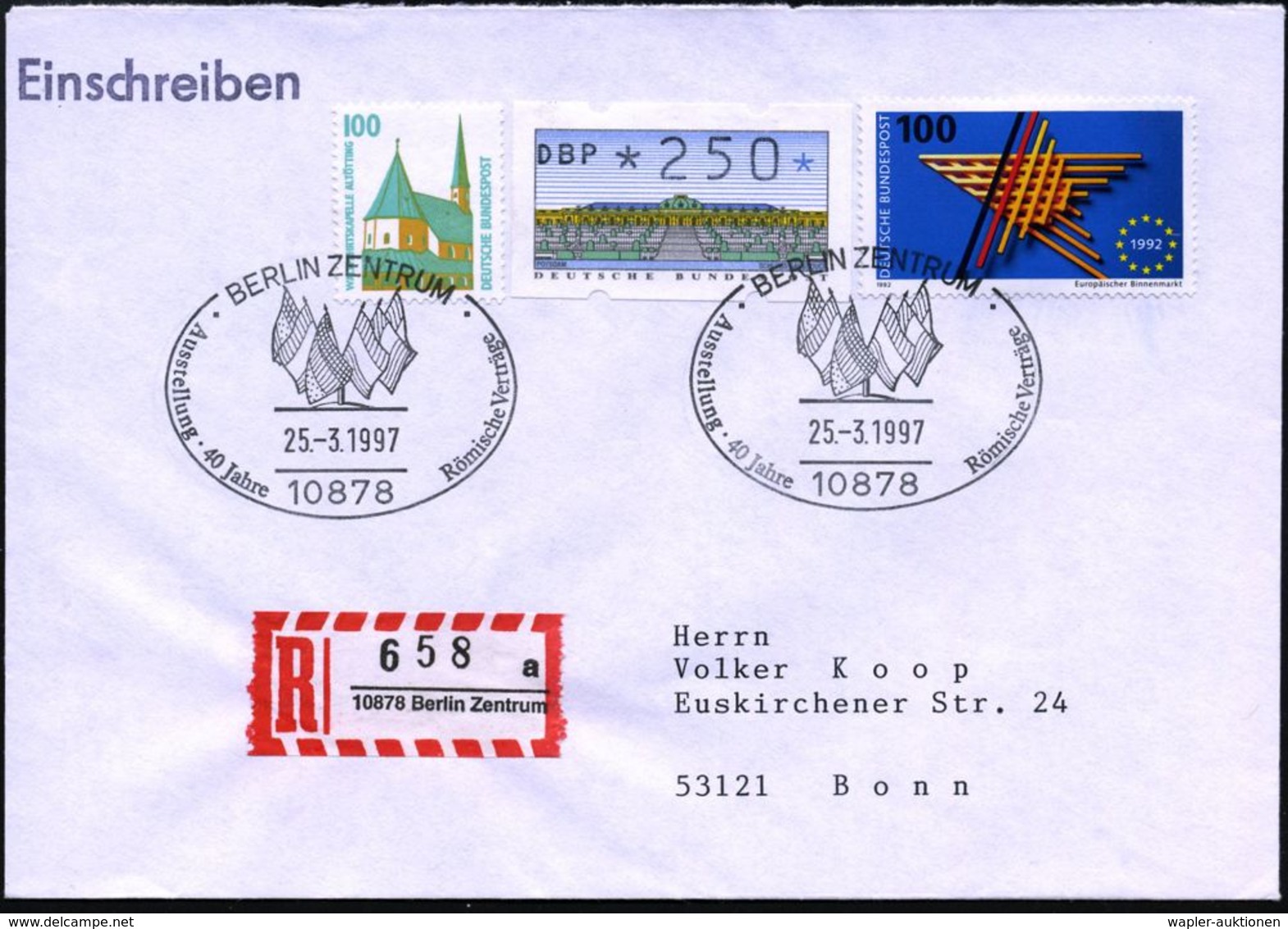 10878 BERLIN ZENTRUM/ Ausstellung 40 Jahre Römische Verträge 1997 (23.3.) SSt (Flaggen) + RZ: 10878 Berlin Zentrum/a, In - Autres & Non Classés