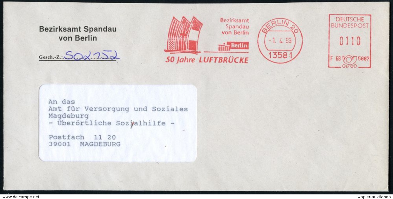 13581 BERLIN 20/ F68 5887/ Bezirksamt/ Spandau../ 50 Jahre LUFTBRÜCKE 1999 (Apr.) Jubil.-AFS = Flaggen Der West-Alliiert - Autres & Non Classés