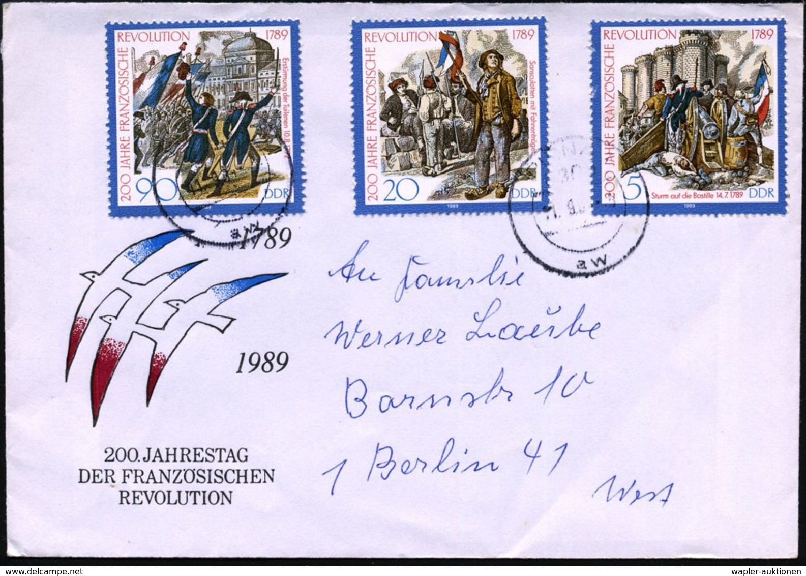 D.D.R. 1989 (11.9.) "200 Jahre Französ. Revolution", Kompl. Satz , Sauber Gest., Passender SU N. West-Berlin (Mi.3258/60 - Autres & Non Classés