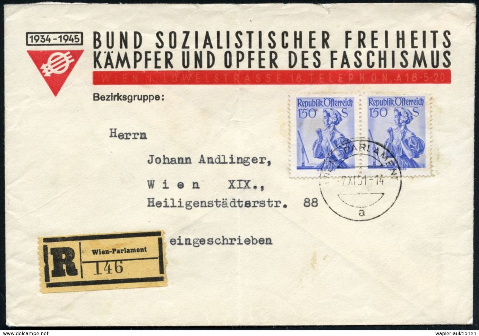 ÖSTERREICH 1951 (7.11.) 1K-Steg: WIEN-PARLAMENT/a = Hauspostamt Des Österr. Parlament Auf Paar 1.50 S. Trachten + Sonder - Altri & Non Classificati