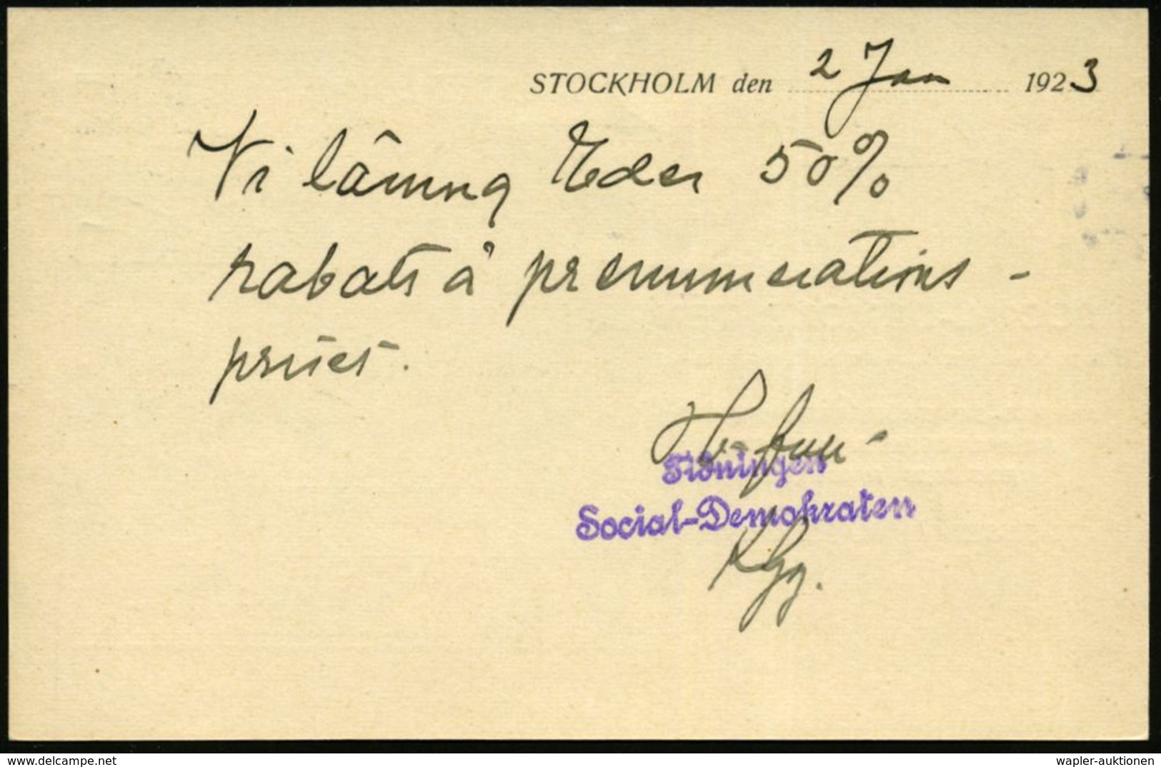 SCHWEDEN 1923 (2.1.) Amtl. P 10 Ö. Grün, Gustav-Adolf + Zudruck: SOCIAL-DEMOKRATEN.. + Rs. Abs-2L: Tidningen/Social-Demo - Altri & Non Classificati