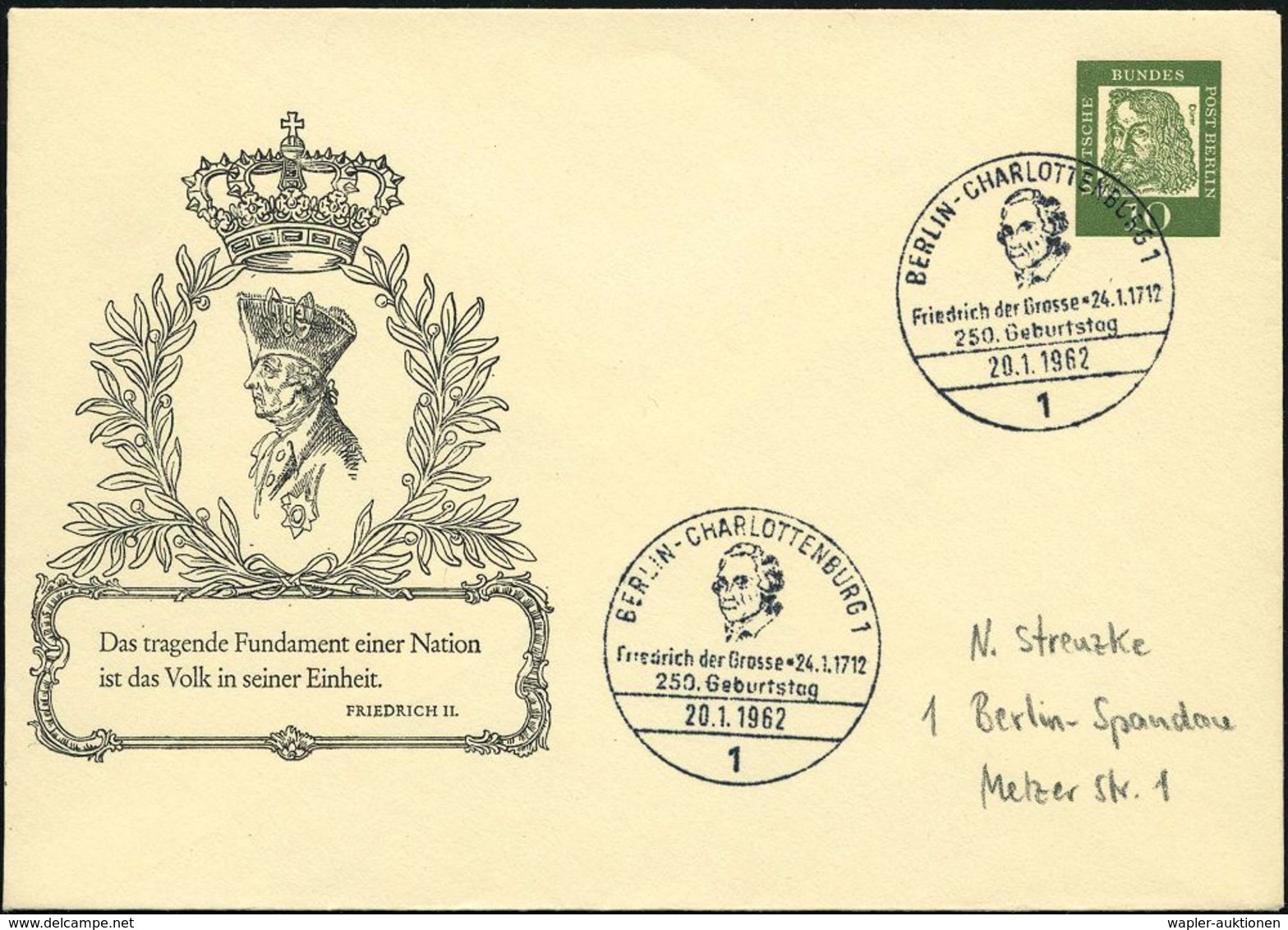 1 BERLIN-CHARLOTTENBURG1/ Friedr.d.Grosse*24.1.1712.. 1962 (20.1.) SSt Auf PU 10 Pf. Dürer, Grün: Friedrich Der Große Na - Sonstige & Ohne Zuordnung