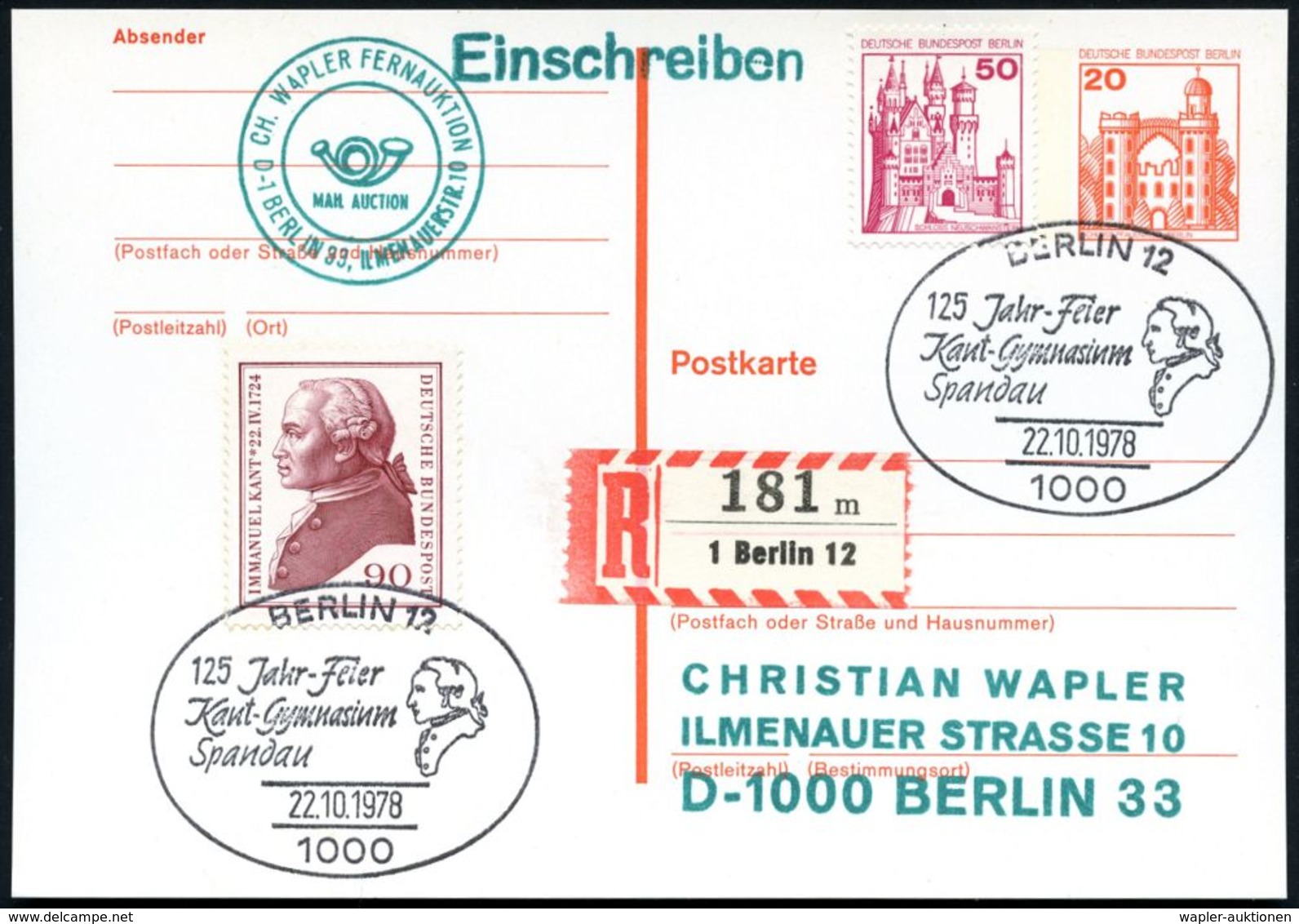 1000 BERLIN 12/ 125 Jahr-Feier/ Kant-Gymnasium/ Spandau 1978 (22.10.) SSt = Kant-Büste Auf 90 Pf. I. Kant (BRD Mi.806) A - Autres & Non Classés