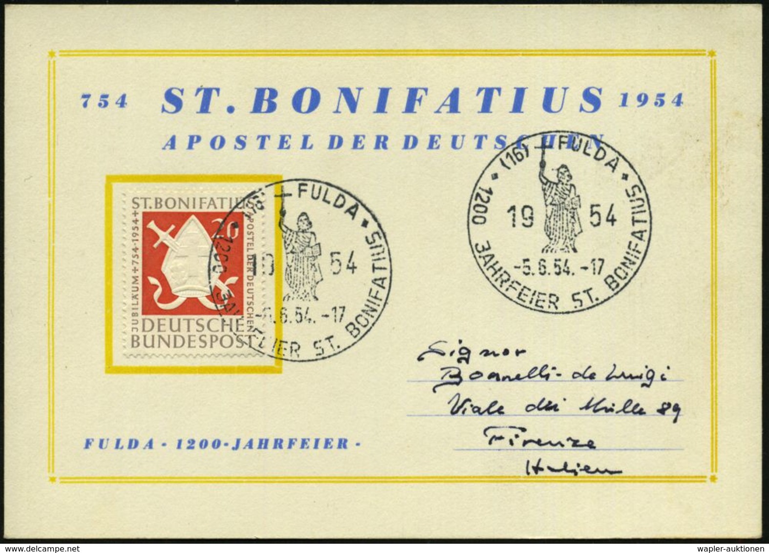 (16) FULDA/ 1200 JAHRFEIER ST.BONIFATIUS 1954 (5.6.) SSt = Bonifatius (mit Kreuz U. Bibel) EF 20 Pf. "1200 Todestag Boni - Autres & Non Classés