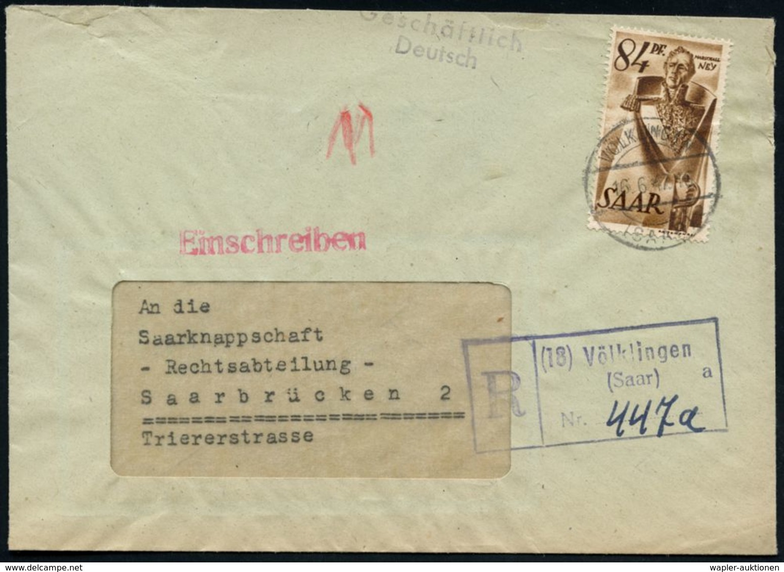 SAARLAND 1947 (16.6.) 84 Pf. Marschall Ney, EF = Marschall Napoleons ("Der Tapferste Der Tapferen") Sauber Gest. 1K-Brüc - Autres & Non Classés