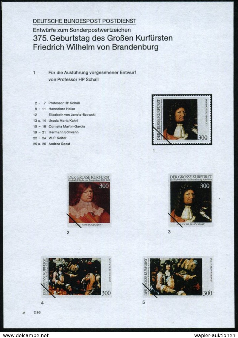 B.R.D. 1995 (Feb.) 300 Pf. "375. Geburtstag Gr.Kurfürst, Friedrich Wilhelm V. Brandenburg", 26 Verschied. Color-Entwürfe - Sonstige & Ohne Zuordnung