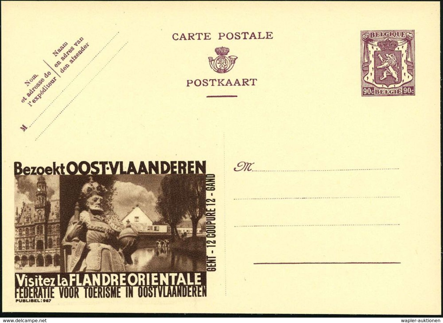 BELGIEN 1948 90 C. Reklame-P., Braunlila: ..Visitez La FLANDRE ORIENTALE.. = Karl Der Große Etc., Französ. Titel Oben, U - Autres & Non Classés