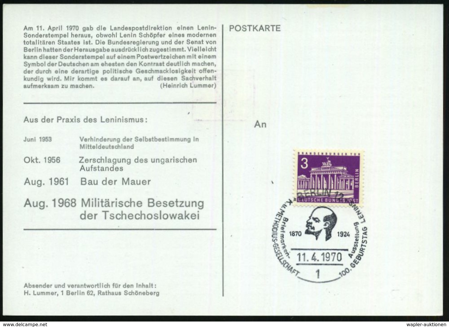 1 BERLIN 12/ Ausst./ 100.GEBURTSTAG LENINS 1970 (11.4.) SSt Auf Anti-leninistischer Propaganda-Kt. Vs./rs. (v. Heinr. Lu - Lenin