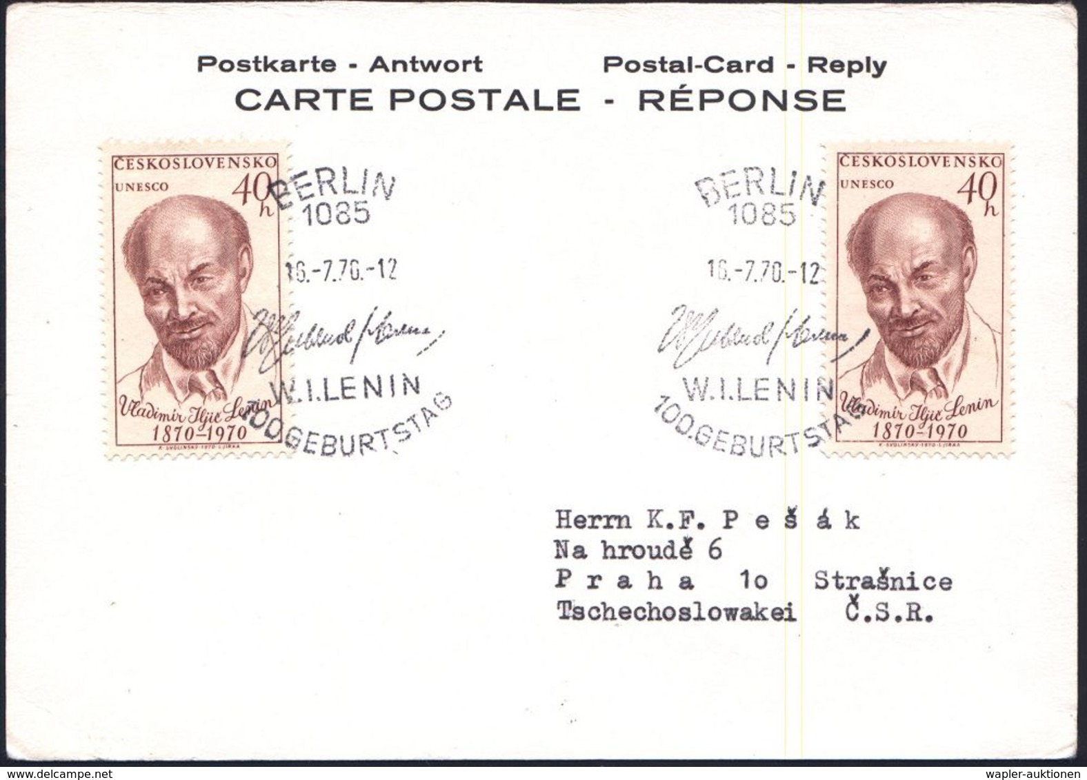 1085 BERLIN/ W.I.LENIN/ 100.GEBURTSTAG 1970 (16.7.) DDR-SSt Auf CSSR , 40 H. "Lenin" MeF , Seltene, Zulässige Ausl.-Antw - Lenin