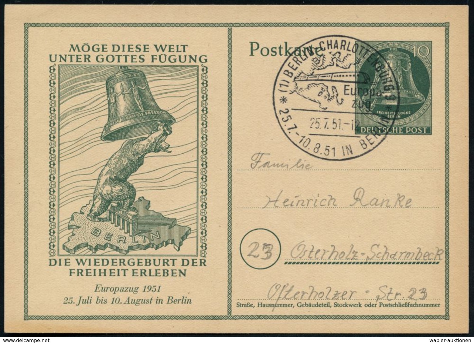 (1) BERLIN-CHARLOTTENBURG 9/ Europa-/ Zug 1951 (25.7.) Seltener SSt = Europazug (vor Europa-Karte) Klar Auf Sonder-P 10  - Autres & Non Classés