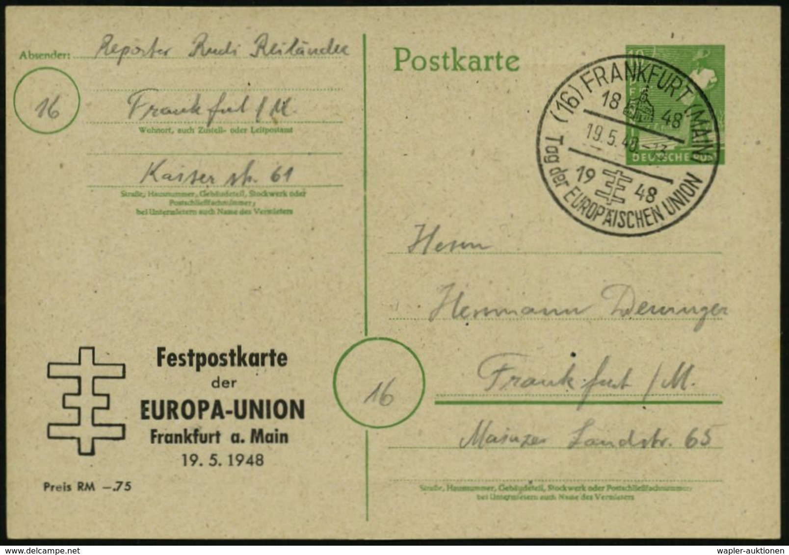 (16) FRANKFURT (MAIN)/ Tag Der EUROP.UNION 1948 (19.5.) SSt Auf Orts-P 10 Pf. Arbeiter, Grün + Zudruck: TAG DER EUROP. U - Altri & Non Classificati