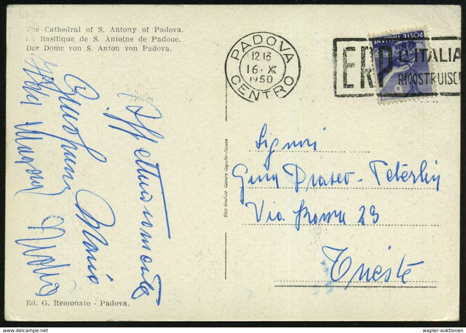 ITALIEN 1950 (19.6.) Seltener MWSt.: PADOVA/CENTRO/ E R P/ L'ITALIA/RICOSTRUISCE (Text Rechts) S/w.-Foto-Ak. (Basilica D - Otros & Sin Clasificación