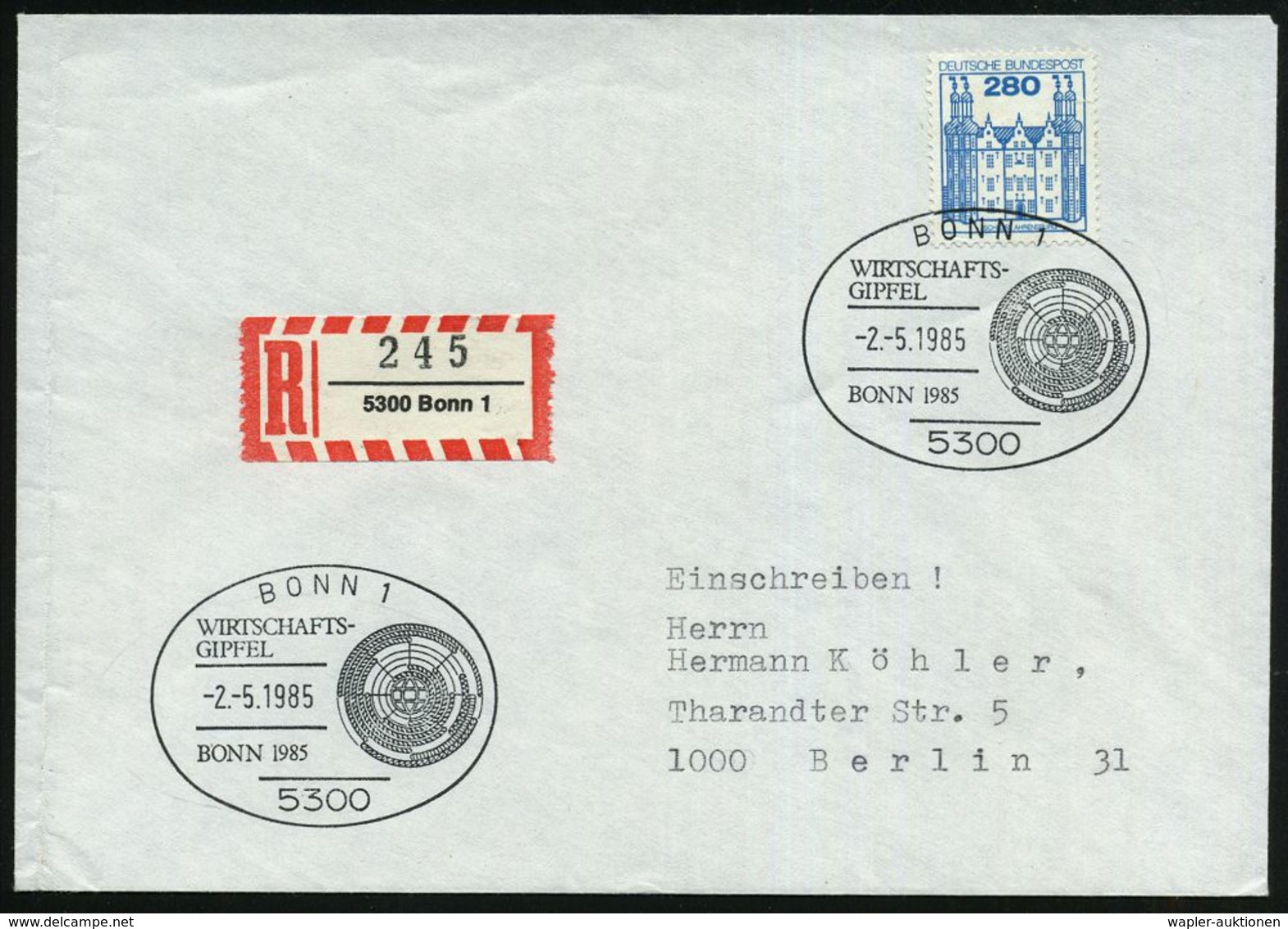 5300 BONN 1/ WIRTSCHAFTS-/ GIPFEL 1985 (2.5.) SSt = G-7-Konferenz-Logo (Globus) 2x + RZ: 5300 Bonn 1, Inl.-R-Bf.  (Bo.69 - Autres & Non Classés