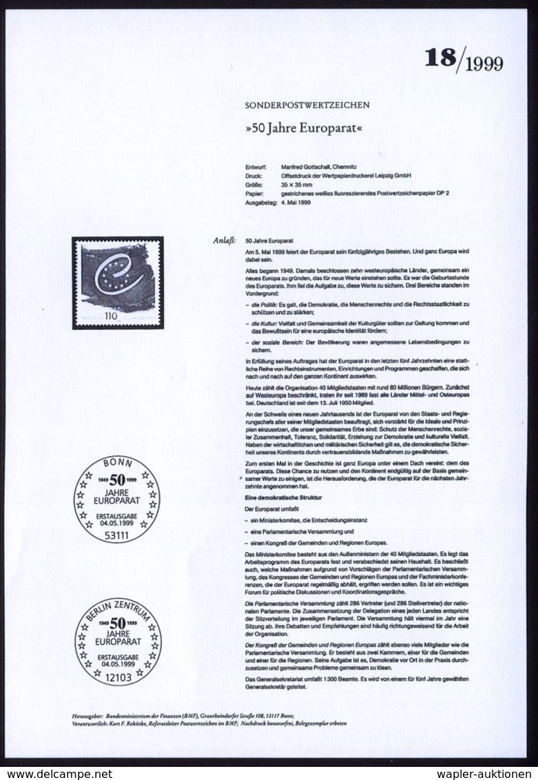 B.R.D. 1999 (Mai) "50 Jahre Europarat" Mit Amtl. Handstempel  "M U S T E R" , Postfr. + Amtl. Ankündigungsblatt Der Bund - Autres & Non Classés