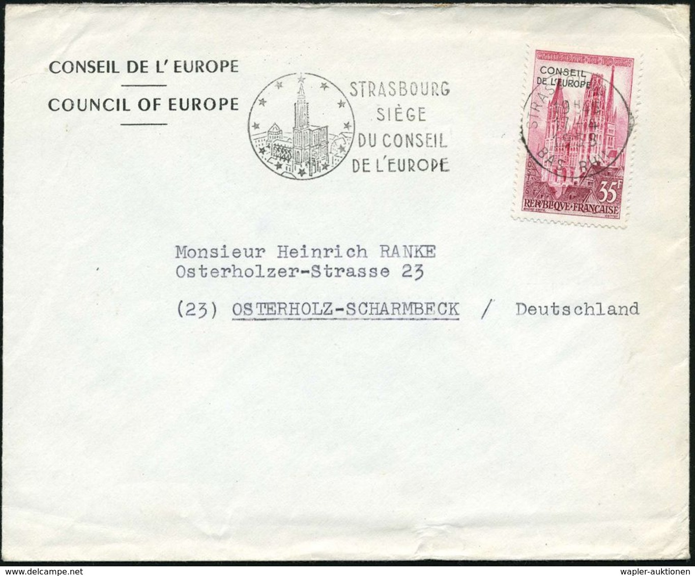 FRANKREICH 1958 (17.4.) 35 F. "Europarat", EF = Kathedrale V.Rouen + MWSt.: STRASBOURG/SIEGE/DU CONSEIL/DE L'EUROPE (Str - Autres & Non Classés